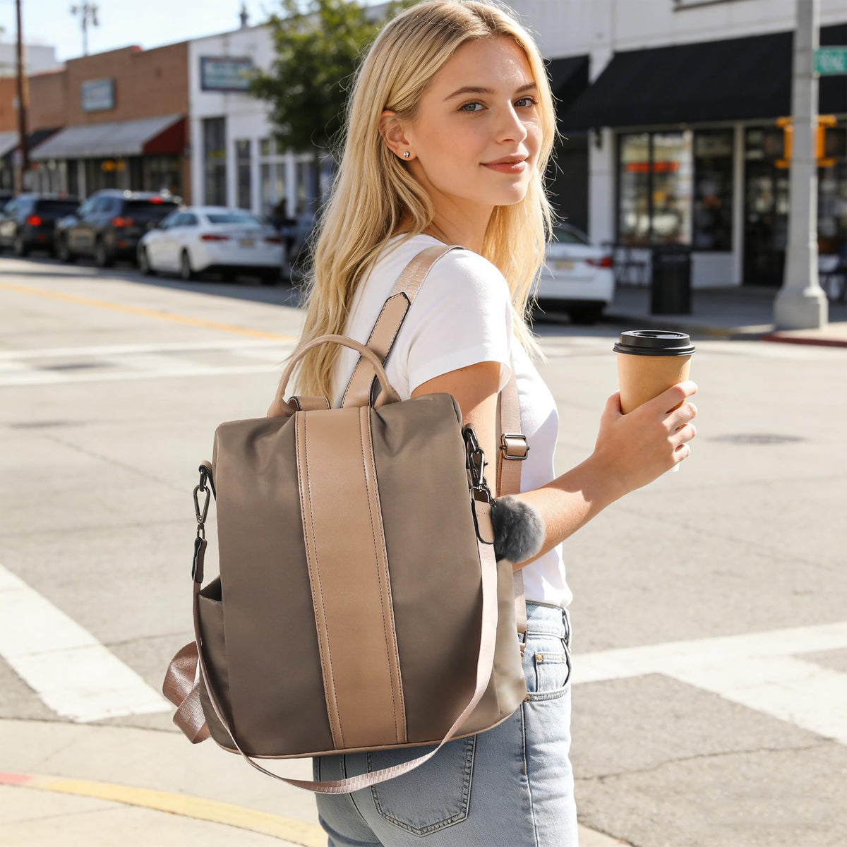 PINCNEL Women Khaki Medium Backpack Purse Waterproof Nylon Anti-theft Rucksack Lightweight Shoulder Bag