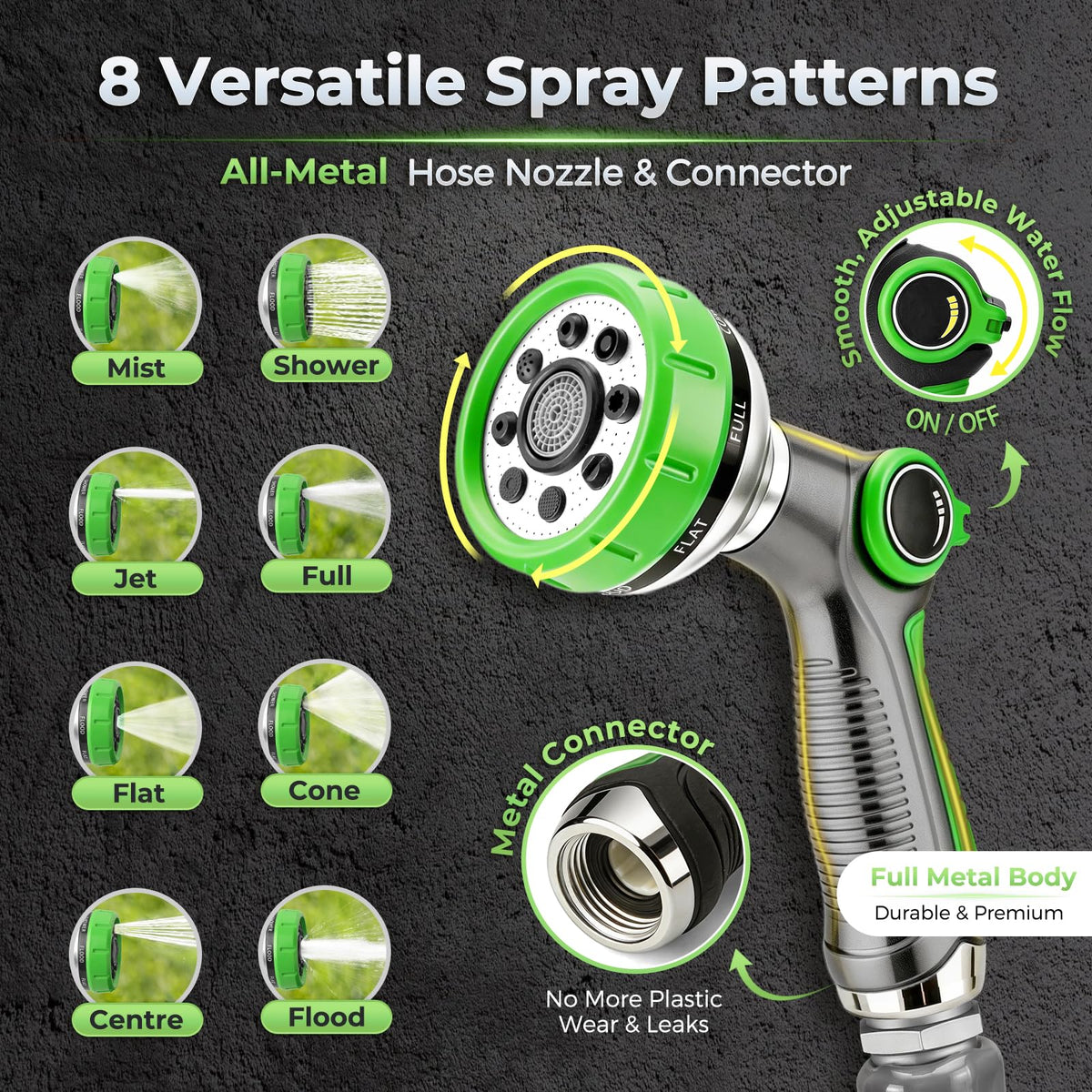 Garden Hose 100 Ft With 8-Pattern Spray Nozzle, 5/8" Lead-Free Flexible Water Hose With 3/4" Anodized Aircraft-Grade Aluminum Interface, Lightweight Kink-Resistant Water Pipe For Lawn, Yard, Outdoor