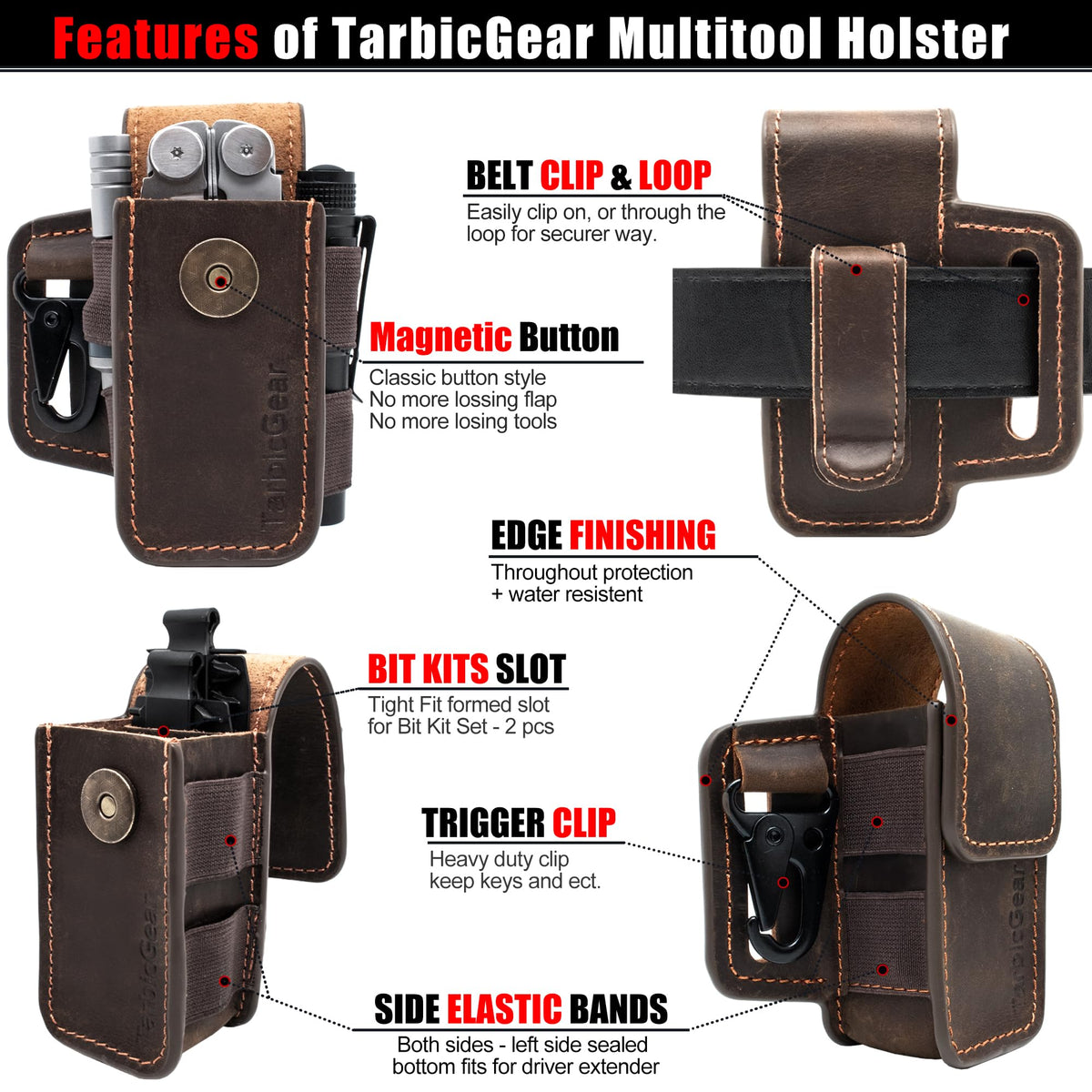 TarbicGear Leather Multitool Sheath for Belt, Multitool Holster with Belt Clip for Men, Pocket Organizer for Work, Fits for Leatherman, SOG, Gerber Tools, Dark Brown, Large