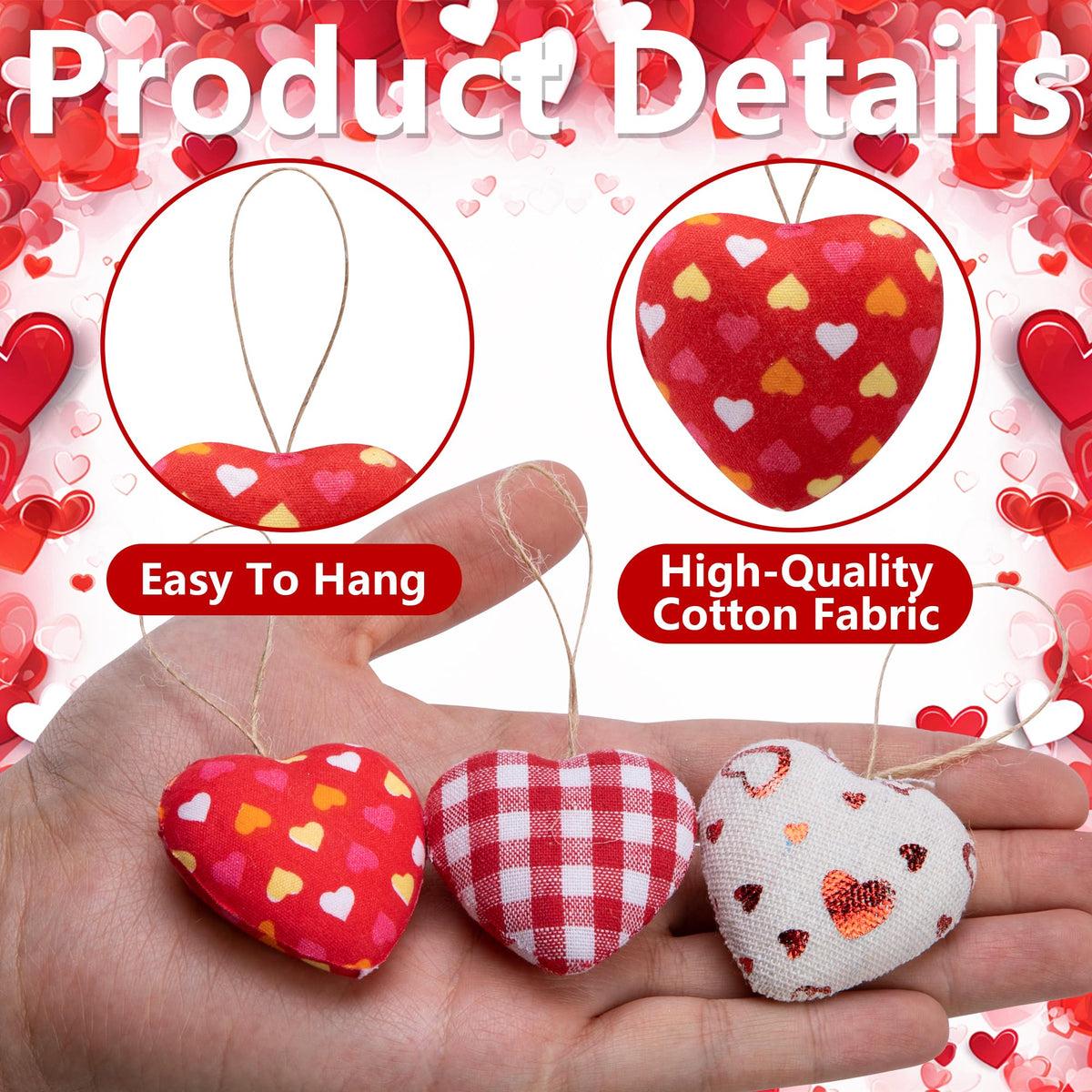 EBaokuup 30 Pcs Valentines Fabric Heart Ornament for Hanging-6 Styles Red Pink Buffalo Plaid Check-Heart-Shaped Hanging Decoration for Valentine's Day Home Decor Wedding Party DIY Crafts