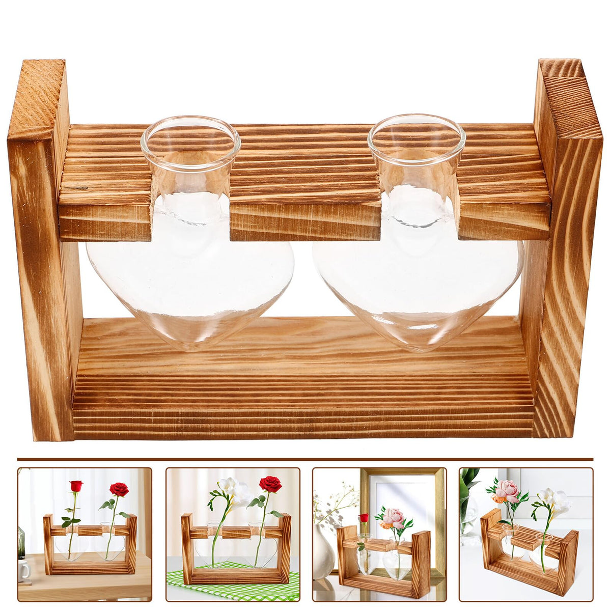 Housoutil Heart-Shaped Glass Planter Vase with Wooden Stand for Hydroponic Plants, Tabletop Terrarium Decor for Indoor Garden and Home Ornament, 2pcs Set