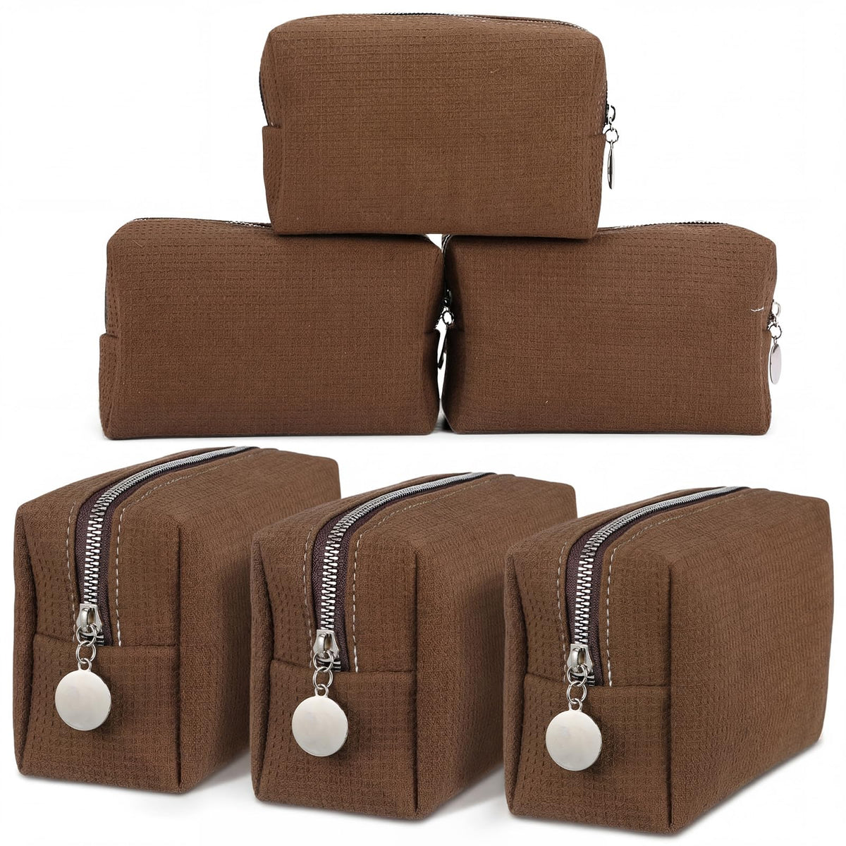 Kacctyen 6 Pcs Waffle Makeup Pouch Bag Portable Makeup Bag for Women, Cozy Waffle Cosmetic Pouch, Large Capacity Handheld Toiletry Organizer with Zipper for Bridesmaid, Wedding, Travel, Daily Use