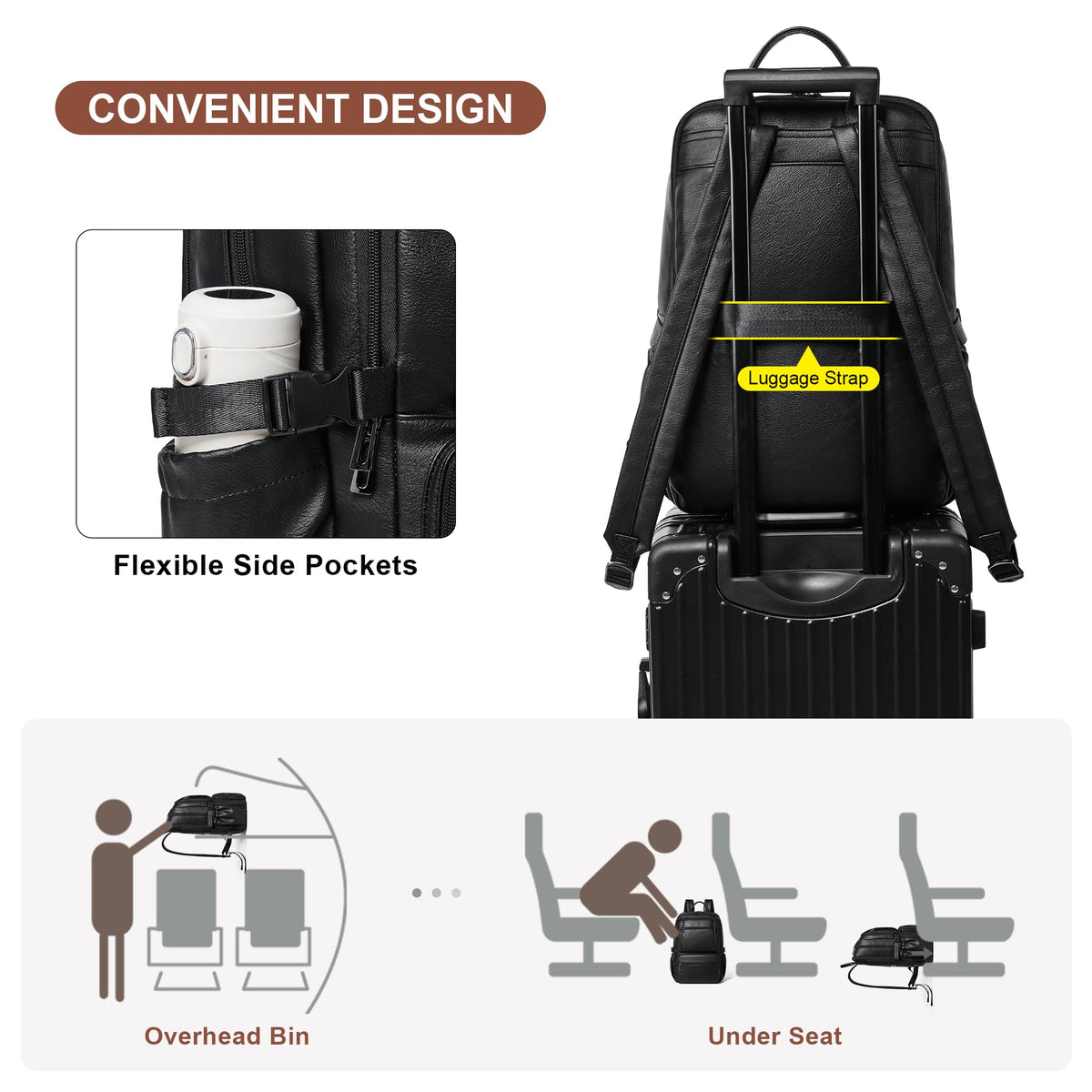 Shrrie Leather Backpack Purse Fit 17 Inch Laptop for Work Travel Business College Women Mens Leather Computer Tote Backpack Purse Black 35L Roomy Office Water-Resistant Back Pack Bag