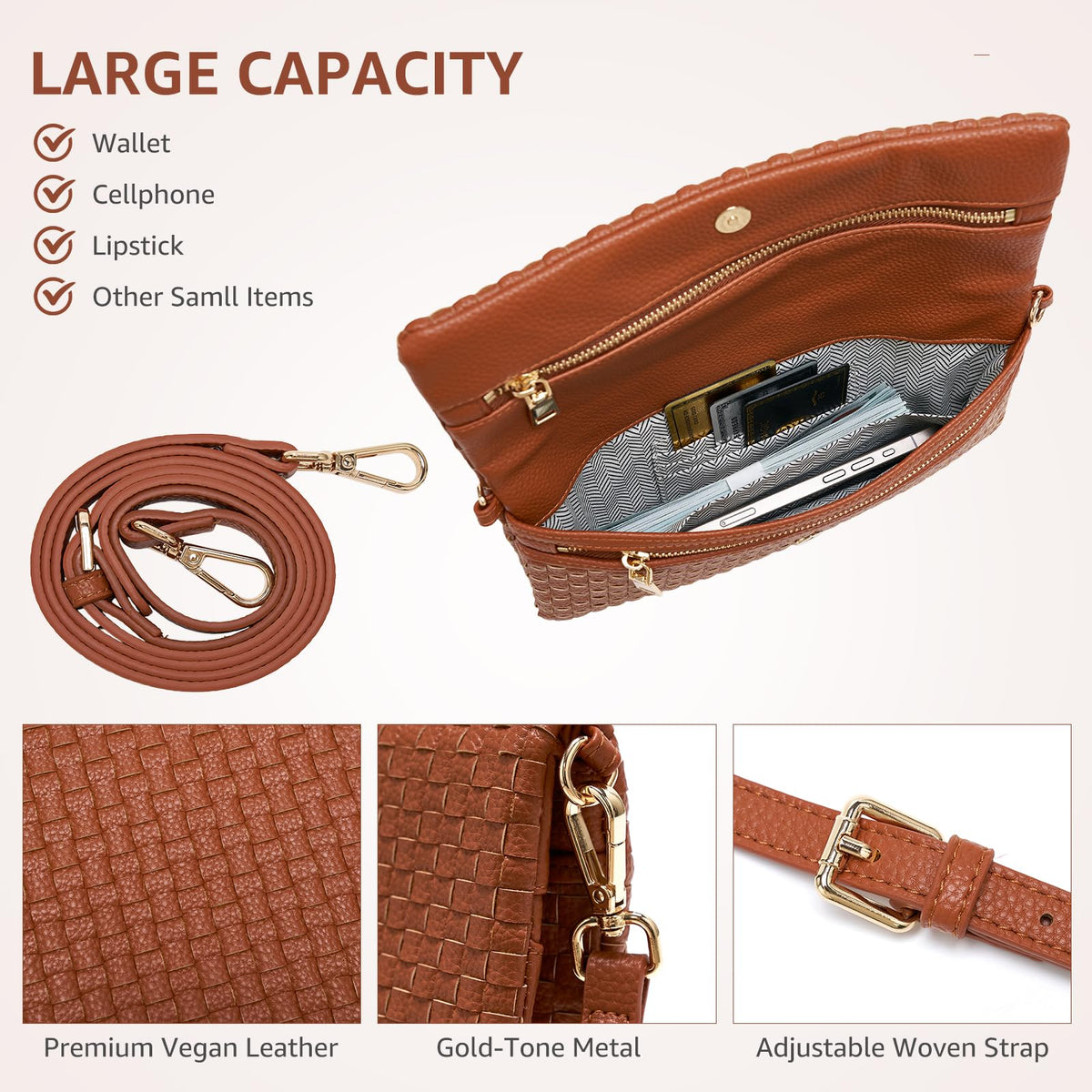 Woven Crossbody Bags for Women, Small Vegan Leather Handbags with Built-in Wallet, Slim Interlaced Shoulder Purse with Adjustable Strap