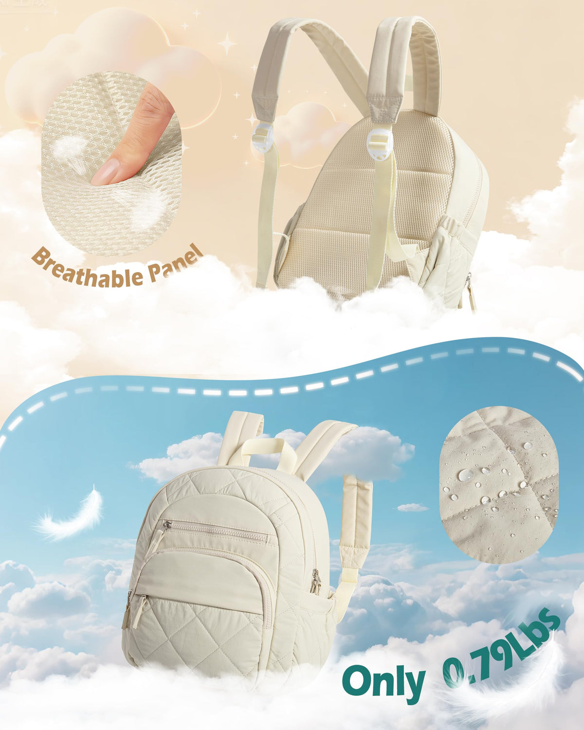 Smasrob Women Mini Backpack with RFID Blocking Pocket, Small Puffer Backpack Purse, Lightweight Quilted Backpack for Work, College or Travel, Beige