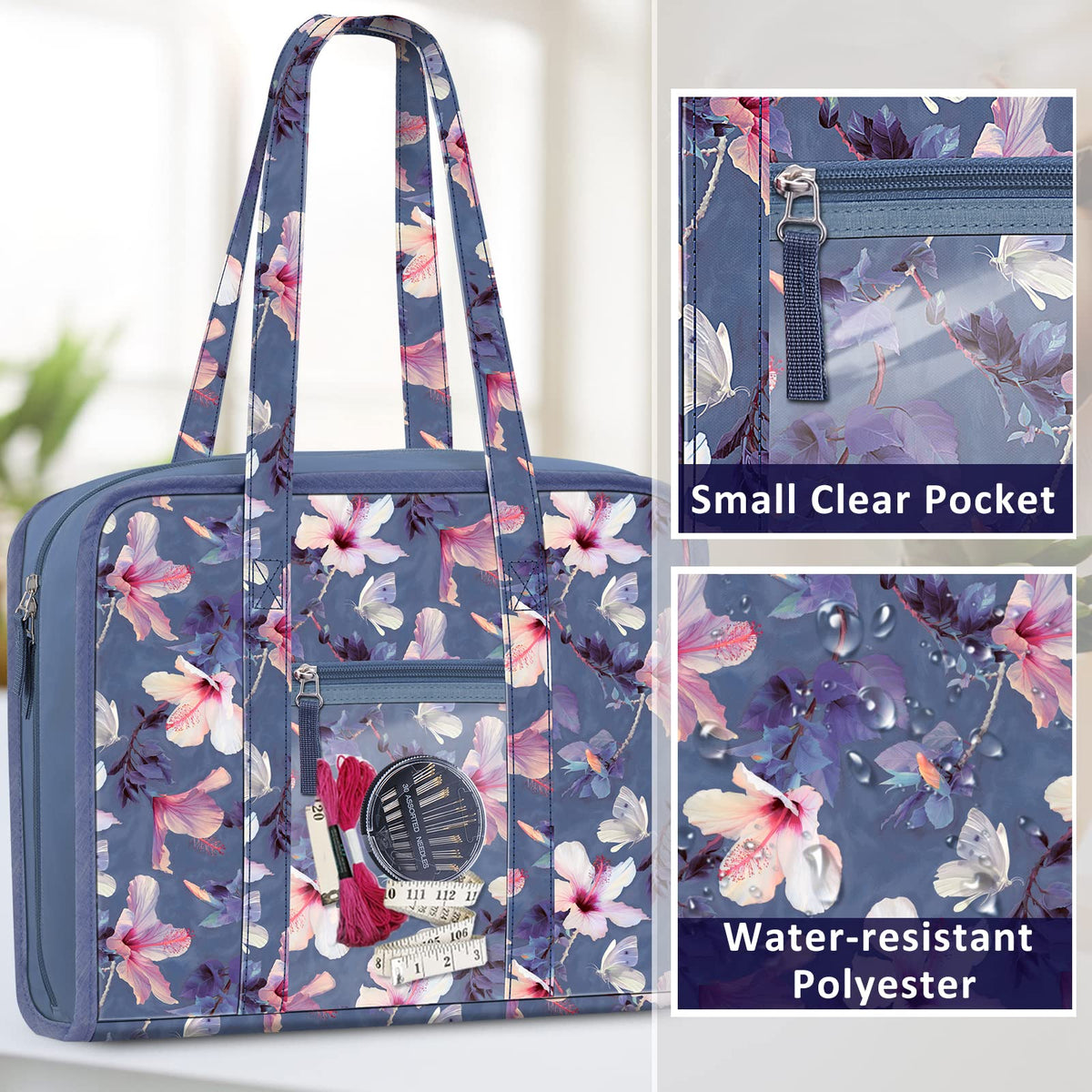 FINPAC Sewing and Craft Supplies Storage Tote, Large Capacity Travel Packing Organizer Bag with Clear Pockets and Handle for Knitting, Crochet, Art, Sewing Accessories (Blooming Hibiscus)