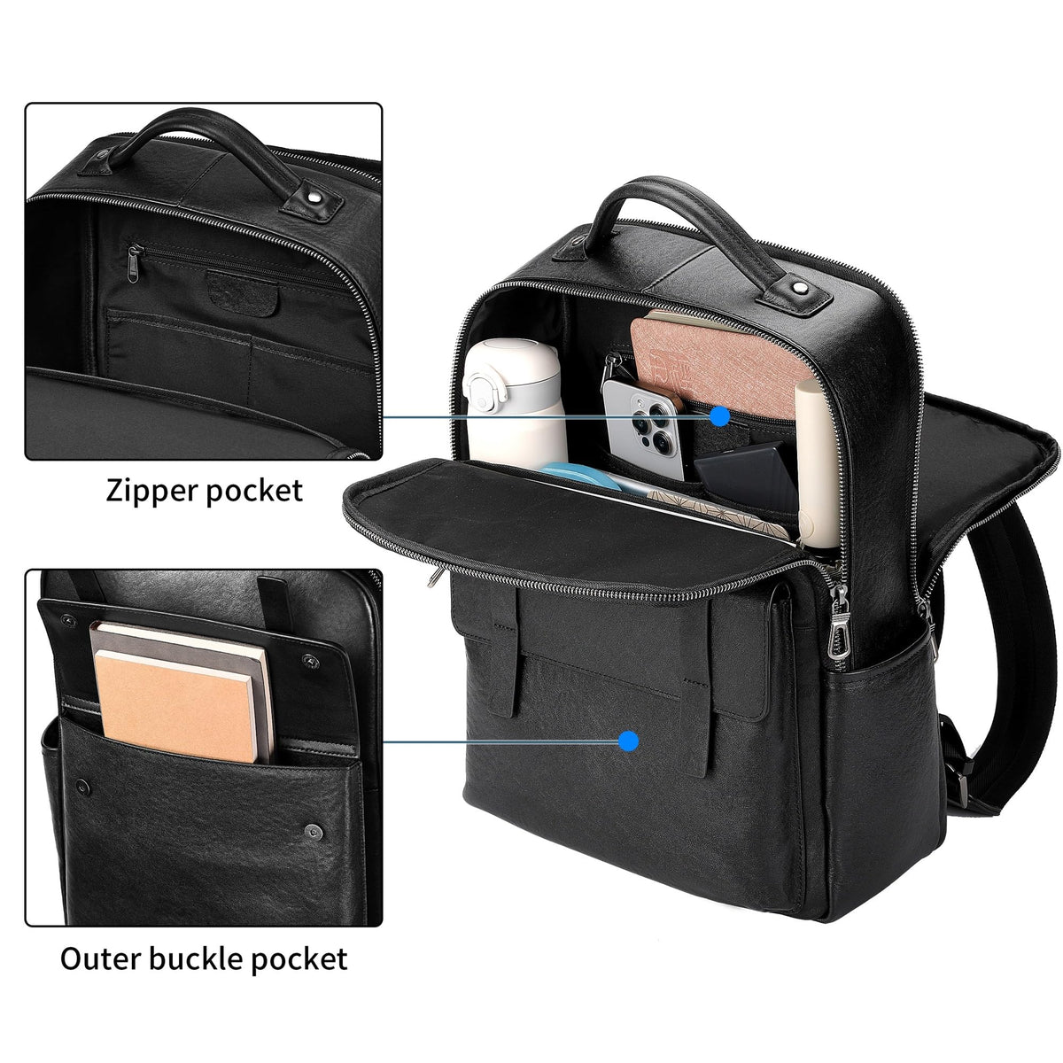 Colins Keirs Men's Black Leather Backpack for Work Travel, Durable Genuine Leather Laptop Backpack with 15.6-inch Computer Compartment, Stylish Professional Designer