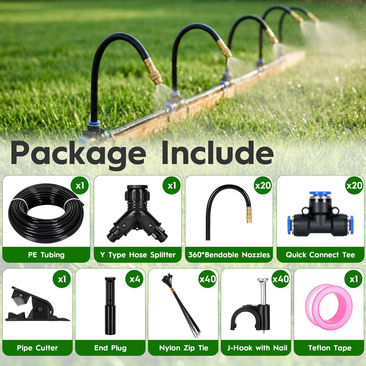 100Ft 360° Adjustable Drip Irrigation System Kit, 1/4 Inch PE Tubing with 20 Bendable Nozzles, Automatic Garden Watering System for Greenhouse, Lawn, Raised Bed, Flower Bed