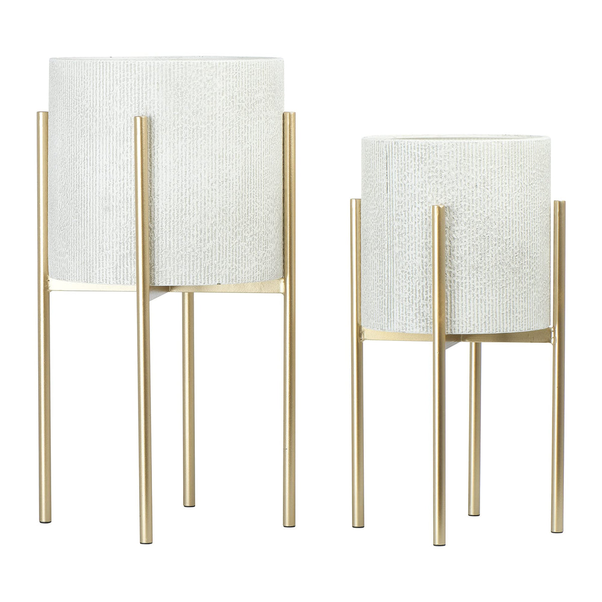 Main + Mesa Modern Boho Embossed Metal Planters with Stands, White and Gold, Set of 2 Sizes