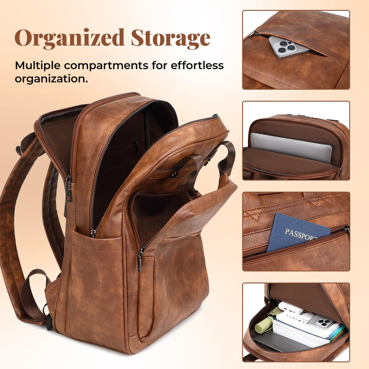 Rcrirth PU Leather Laptop Backpack Women for Travel | 17 Inch Laptop Bag for Women - Large Capacity Teacher Nurse Computer Bag for Work College School (Brown)