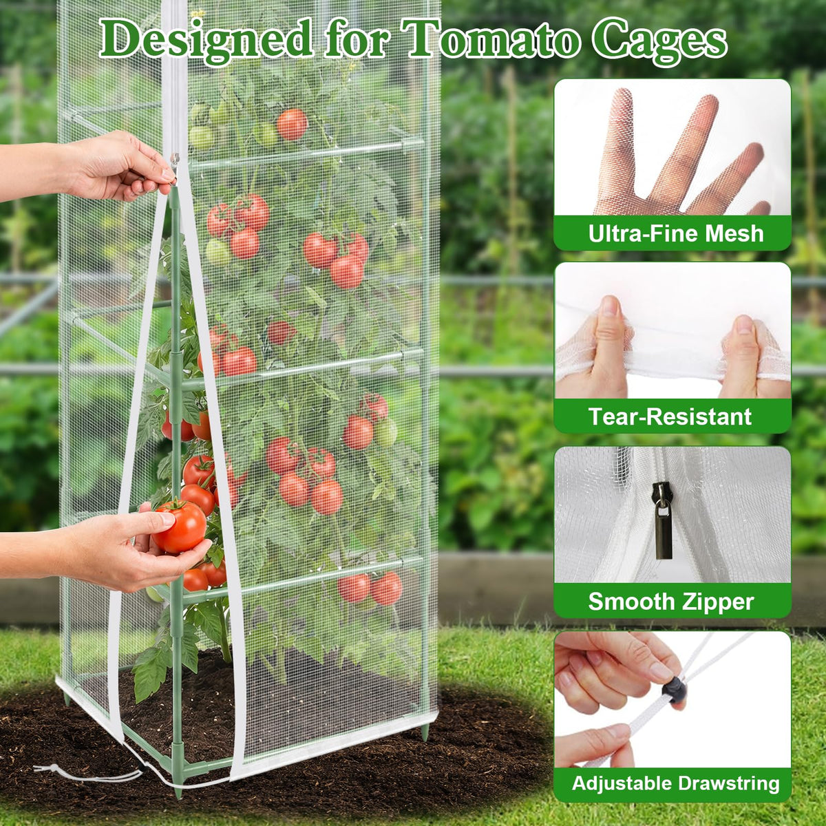6 Pcs Tomato Netting for Garden Protection, 57" X 17.7" X 17.7" Square Tomato Cage Insect Barrier Plant Netting Mesh Cover with Zipper & Drawstring, for Vertical Climbing Plants Vegetables Fruits