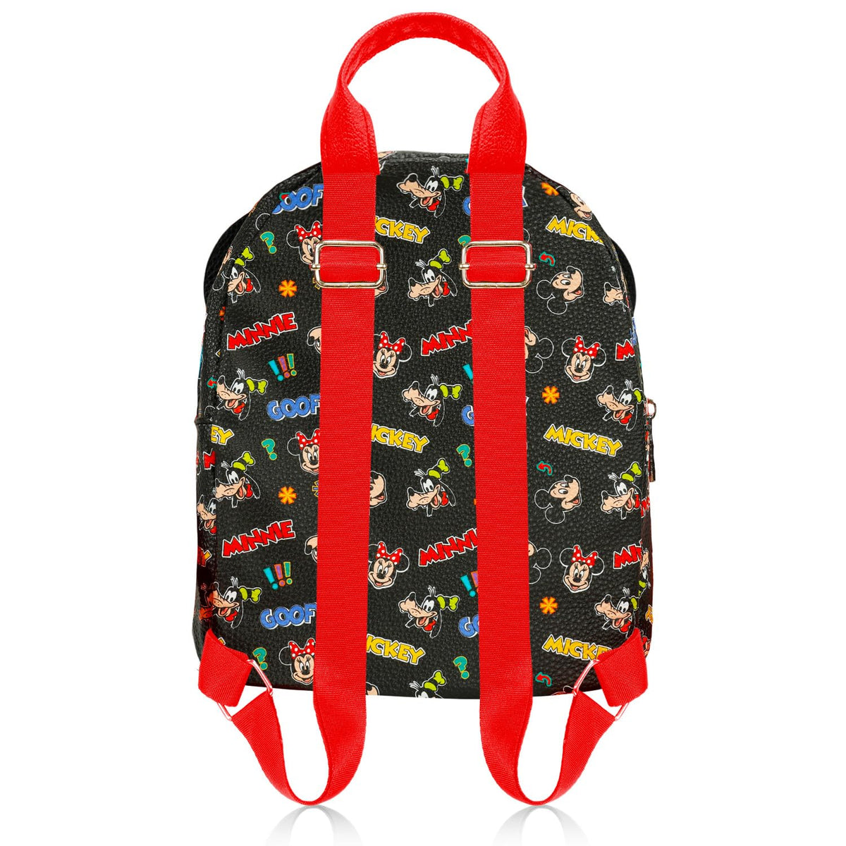 Disney Mini Backpack - 10" Exclusive Mickey, Minnie and Goofy Faux Leather Small Backpack with Front Pocket and Button Bundle | Adjusts to Fit Women, Teens, Girls, Kids