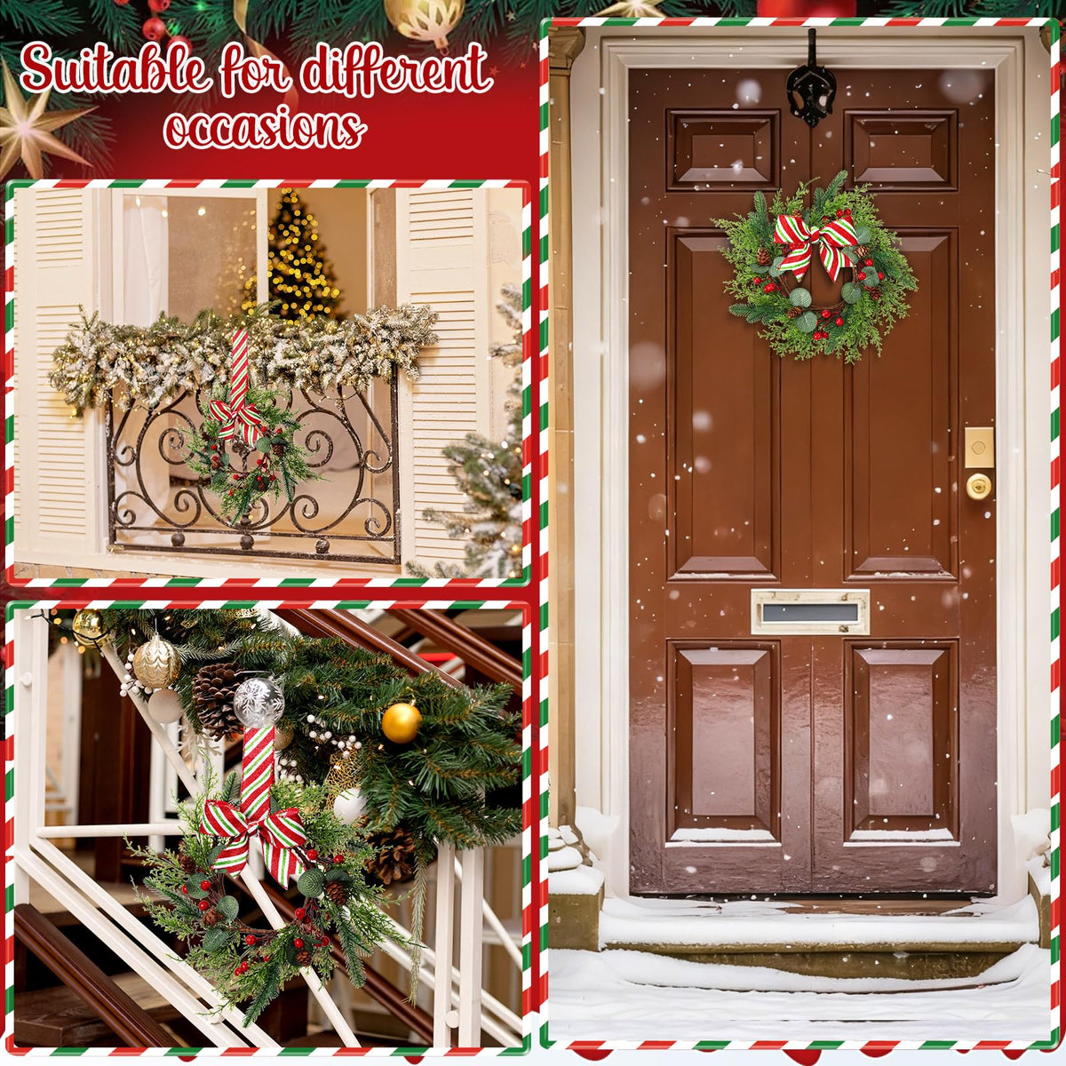 Suncalla 8 Pcs Christmas Kichen Cabinet Wreaths Bulk 7.87 Candy Cane Artificial Faux Candle Ring Wreath with Glitter Red White Green Ribbon Bow Pine Berries Christmas Decor for Xmas Home Window Door