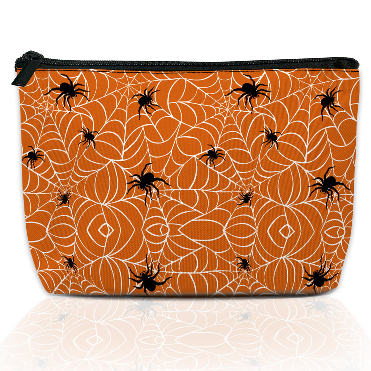 DEMACYA Spiders Makeup Bag for Purse, Waterproof Funny Cosmetic Bag for Women, Zipper Travel Toiletry Pouch with Webs Black Gift 9.5×5.9 Inch
