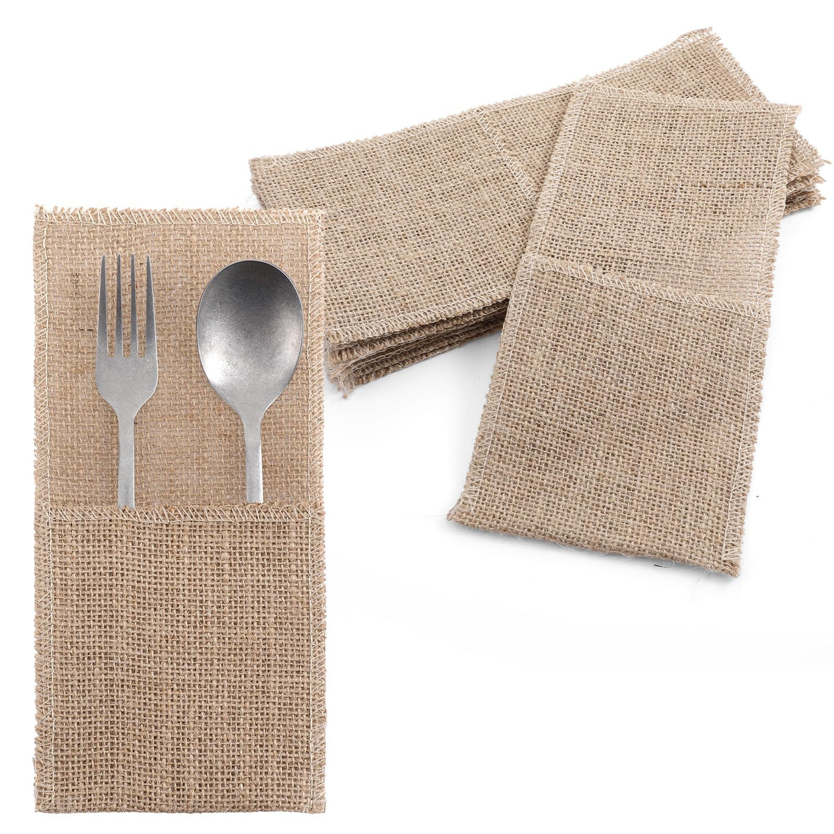AojSup 50 Pcs Burlap Utensil Holder Pouch Set - 4 x 8.8 Inch Natural Jute Cutlery Pouch for Wedding Party Decor, Reusable Silverware Bags with Deep Pockets for Knives Forks Spoons