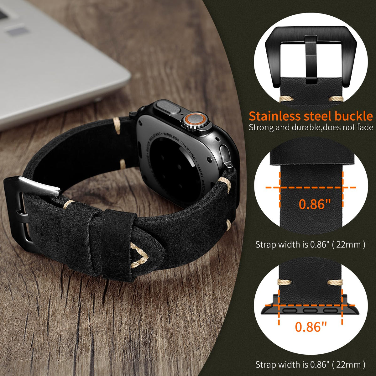 Handmade Double Sided Leather Bands Compatible with Apple Watch Ultra 2/Ultra Band 49mm 46mm 45mm 44mm 42mm ，Men Retro Design Grain Genuine Leather Band For iWatch Series SE 10 9 8 7 6 5 4 3 2 1