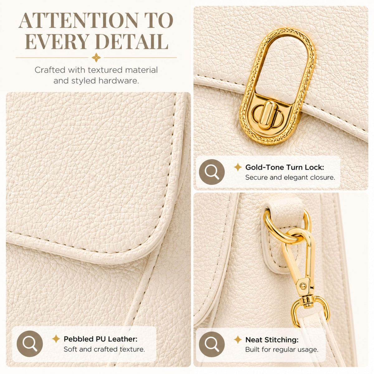 Crossbody Bag for Women Small Satchel Purse, Pebbled PU Leather Handbag with Top Handle, Adjustable Strap, Gold Turn Lock, Zip Pocket, White Everyday Shoulder Bag