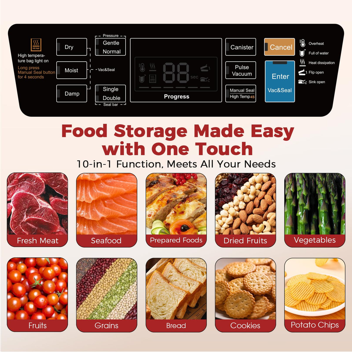 Vacuum Sealer for Food, 10 Modes 95KPa vacuum sealer for Wet/Dry Food, Automatic Food Vacuum Sealer Machine with Double Seal Strip, Built-in Cutter & Roll Storage, Complete Kit with Bags