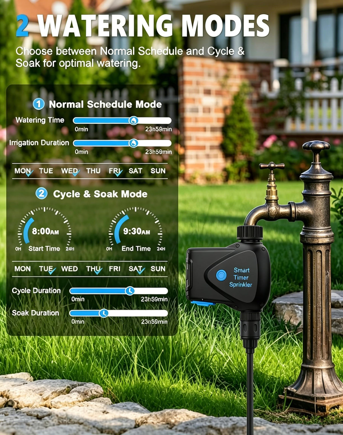 WiFi Water Timer for Garden Hose, No Hub Required, Sprinkler Controller with Built-in Flow Meter, App & Alexa Google Voice Control, IP65 Waterproof Wireless Irrigation for Lawn Greenhouse