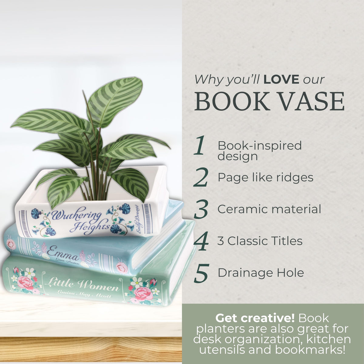 Steel Mill & Co Small Book-Shaped Decorative Ceramic Planter for Home Decor, Bookshelf, Classic Titles Bookstack, 5" x 7" x 3.75"