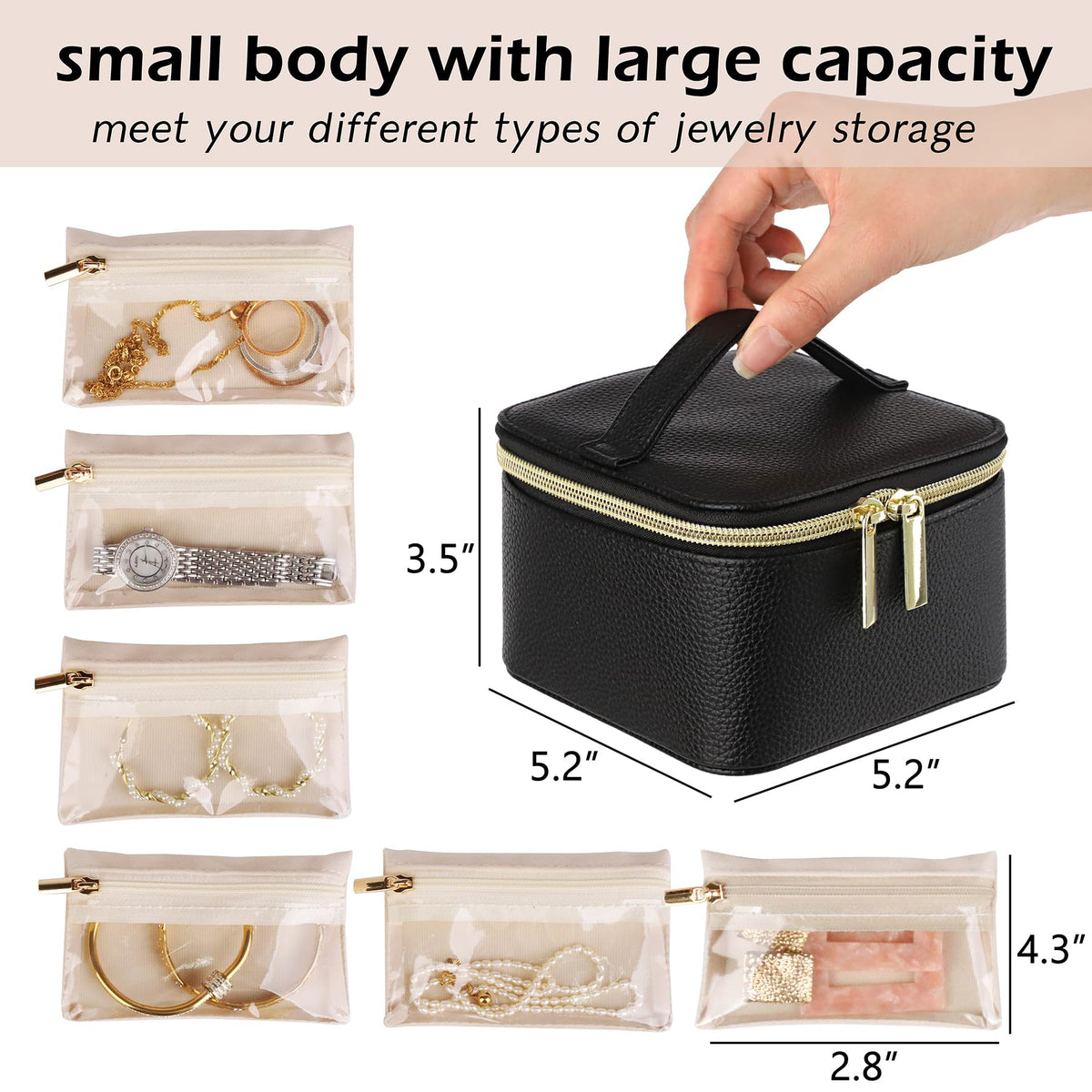 HofferRuffer Jewelry Box Organizer for Women Girls, Travel Jewelry Case with 6 Portable Zipper Bags, Jewelry Storage Ideal for Travel & Home Organization (6pcs-Black Faux Leather)