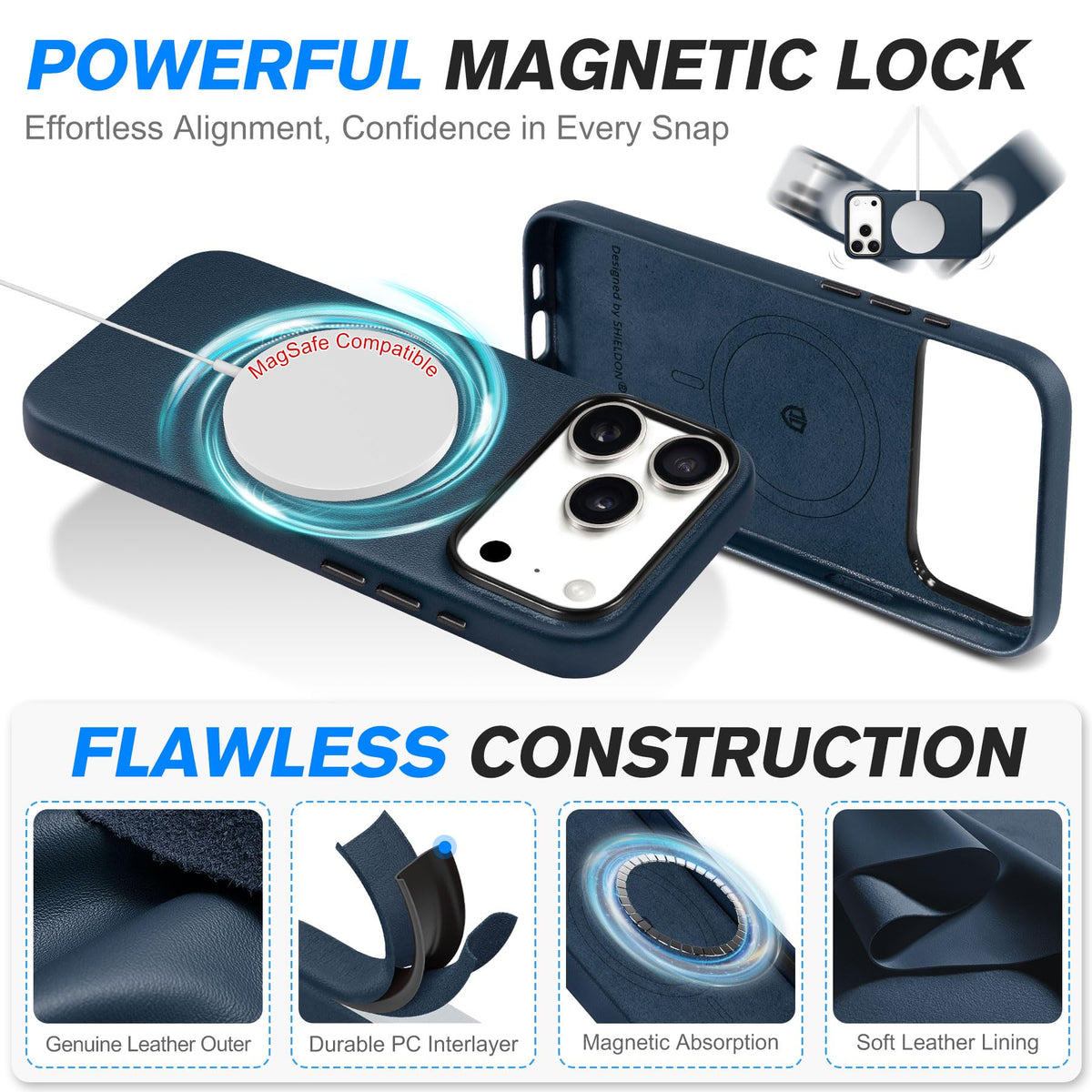 SHIELDON Genuine Leather Case for iPhone 17 Pro Max 6.9" 2025, [Camera Button Updated], Compatible with Magsafe, Magnetic Wireless Charging, Slim Fit, Non-Slip, Anti-Scratch, Shockproof - Navy Blue