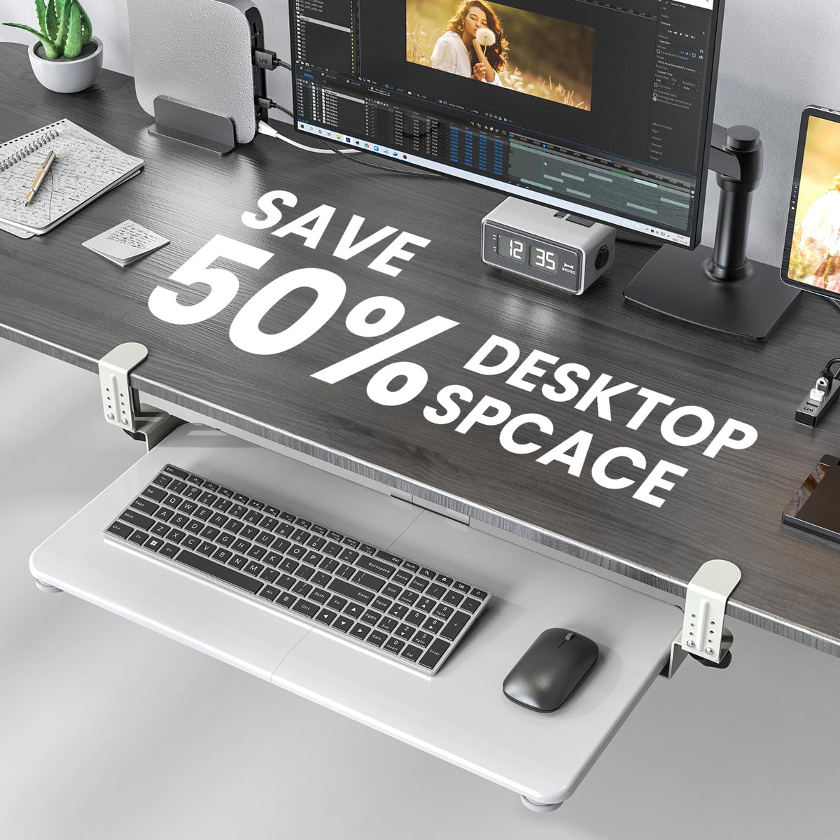 Keyboard Tray Under Desk, Pull Out Keyboard & Mouse Tray with Adjustable C-clamp, 25.6(31.5 Including Clamps) x 11.8 Inch Slide Out Computer Keyboard Drawer Mouse Tray for Typing,White
