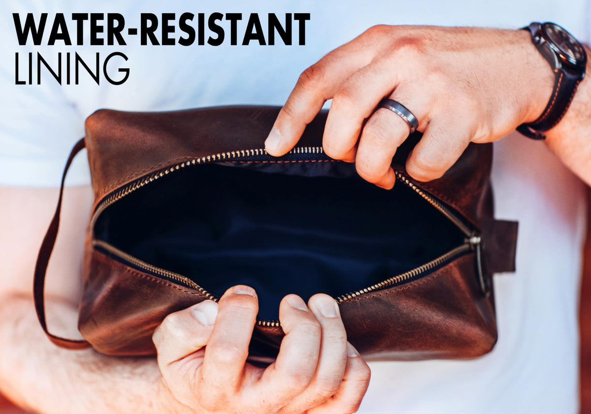 Mens Waterproof Toiletry Bag – Crafted in USA – Ideal Gift for Husband, Dad, Groomsmen, Boyfriend & Friend – Genuine Leather Toiletry Bag Customized Name or Initials – Personalized Travel Bag for Men