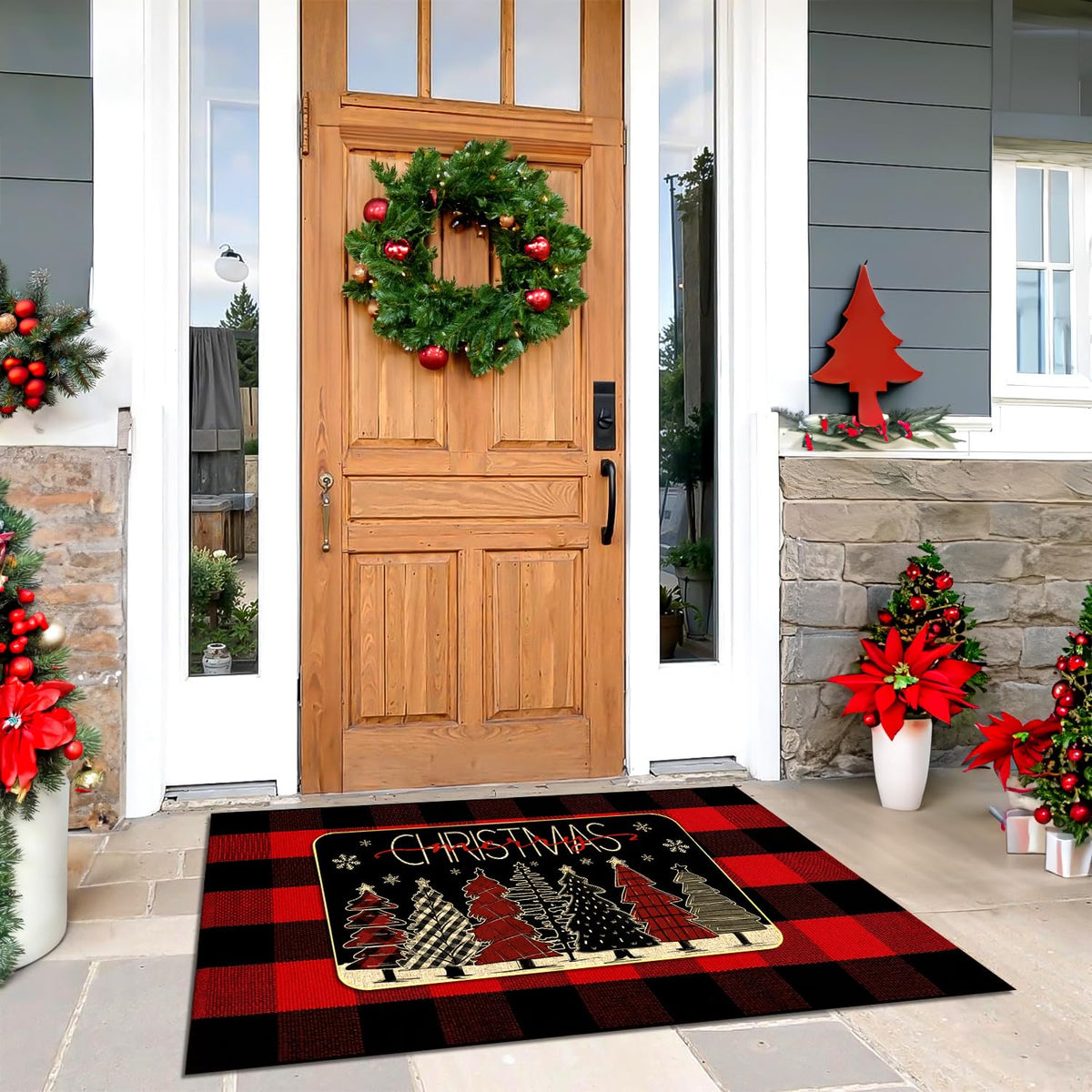 Christmas Outdoor Rug Set, Christmas Tree Door Mat Combo Set, Welcome Mat + 28 x 43 inch Red Black Buffalo Plaid Rugs, Checkered Christmas Trees Rug for Porch Entryway Winter Holiday Outdoor Decor