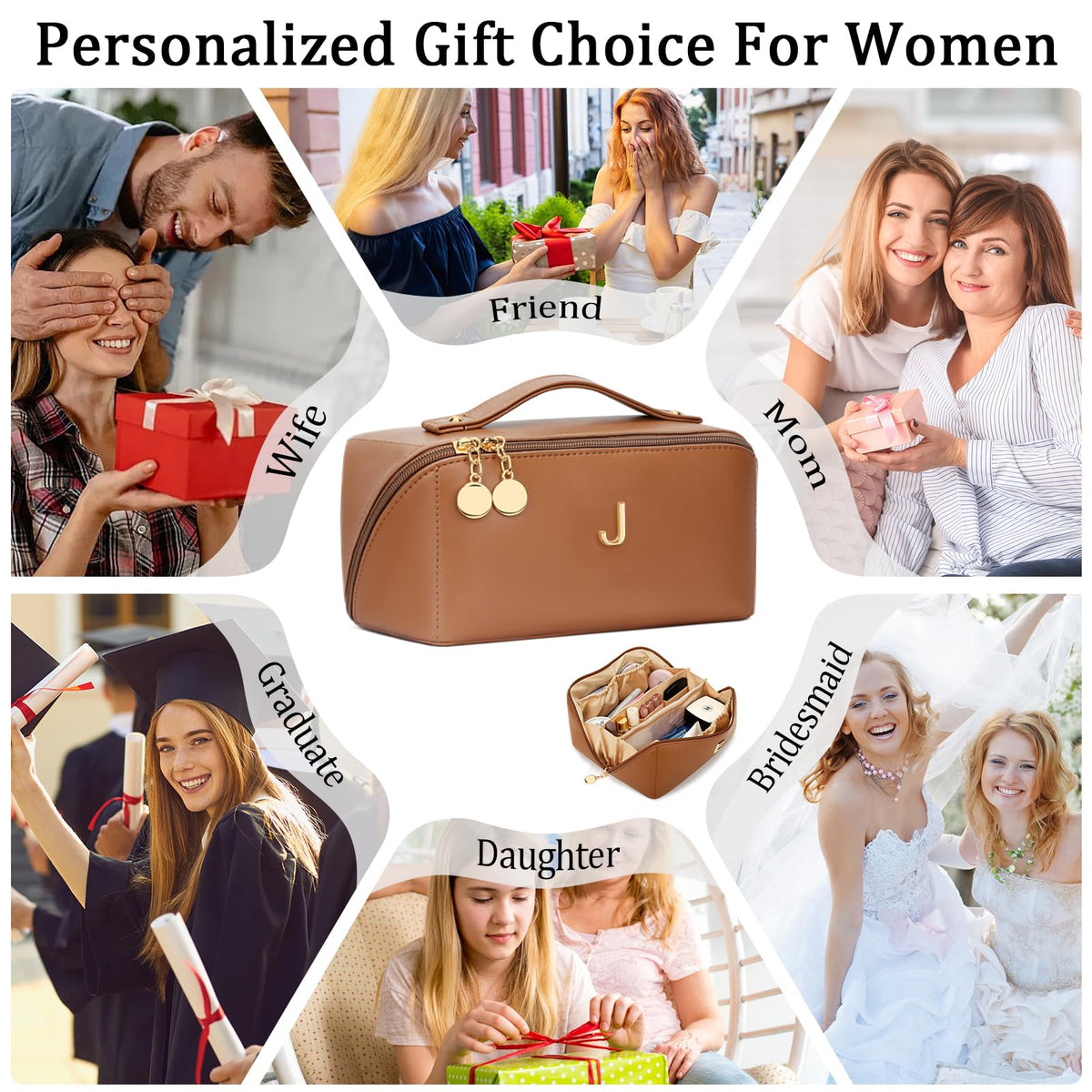 CLOUDWINGS Initial Makeup Bag Gifts for Women Bridesmaid Gifts Travel Toiletry Personalized PU Leather Waterproof Cosmetic Bag (Large-Brown-J)