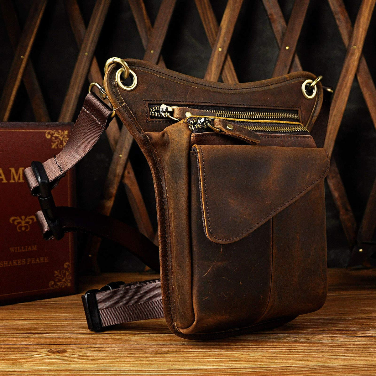 Le'aokuu Mens Genuine Leather Messenger Hiking Waist Hip Bum Pack Drop Leg Bag 211-3 1 Dark Brown