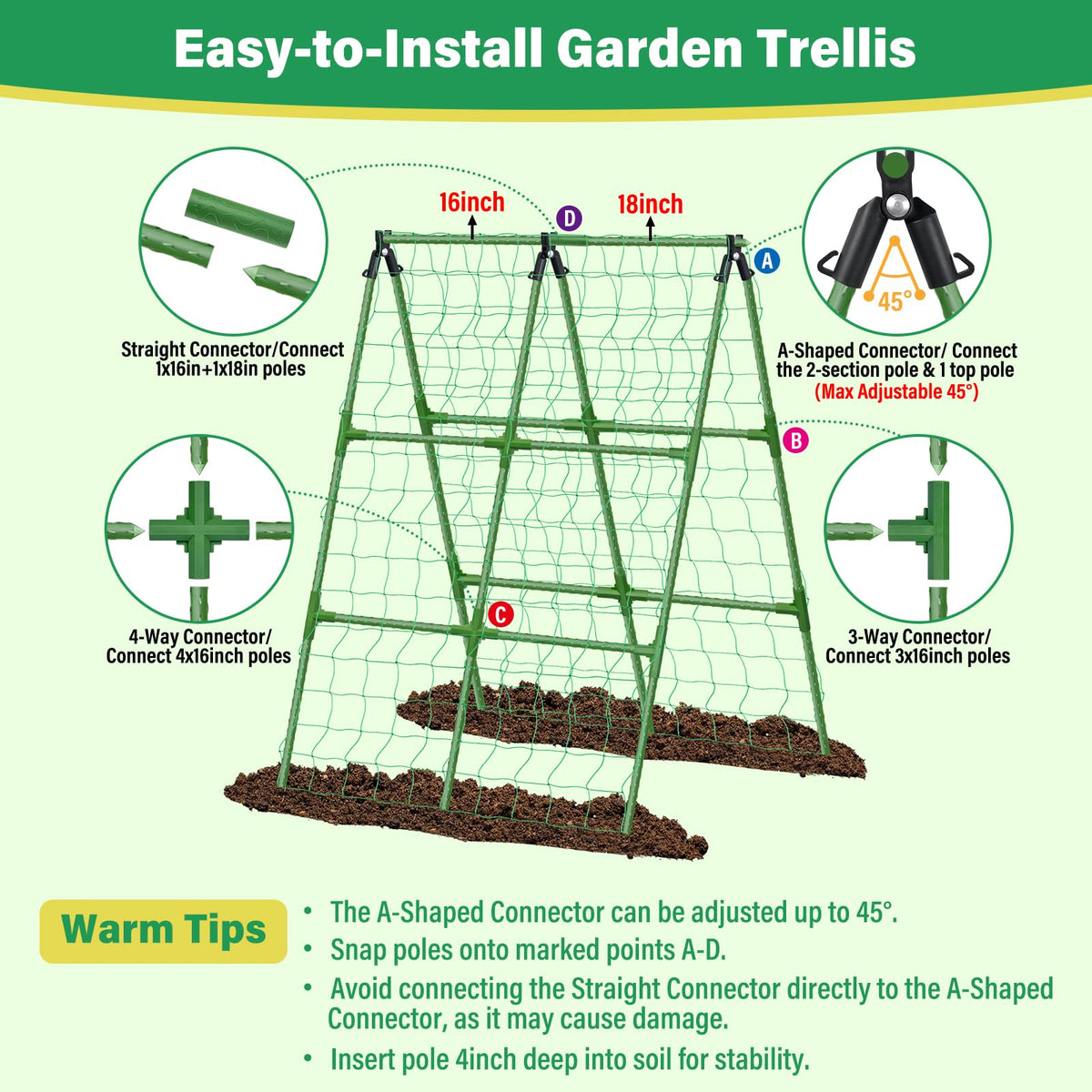 Sunwinx 2Pack 51x35Inch Cucumber Trellis for Raised Bed, Adjustable A-Frame Garden Trellis for Climbing Plants Outdoor with Climbing Net, Meal Plant Trellis for Vegetables Pea Bean Tomato Squash Grape