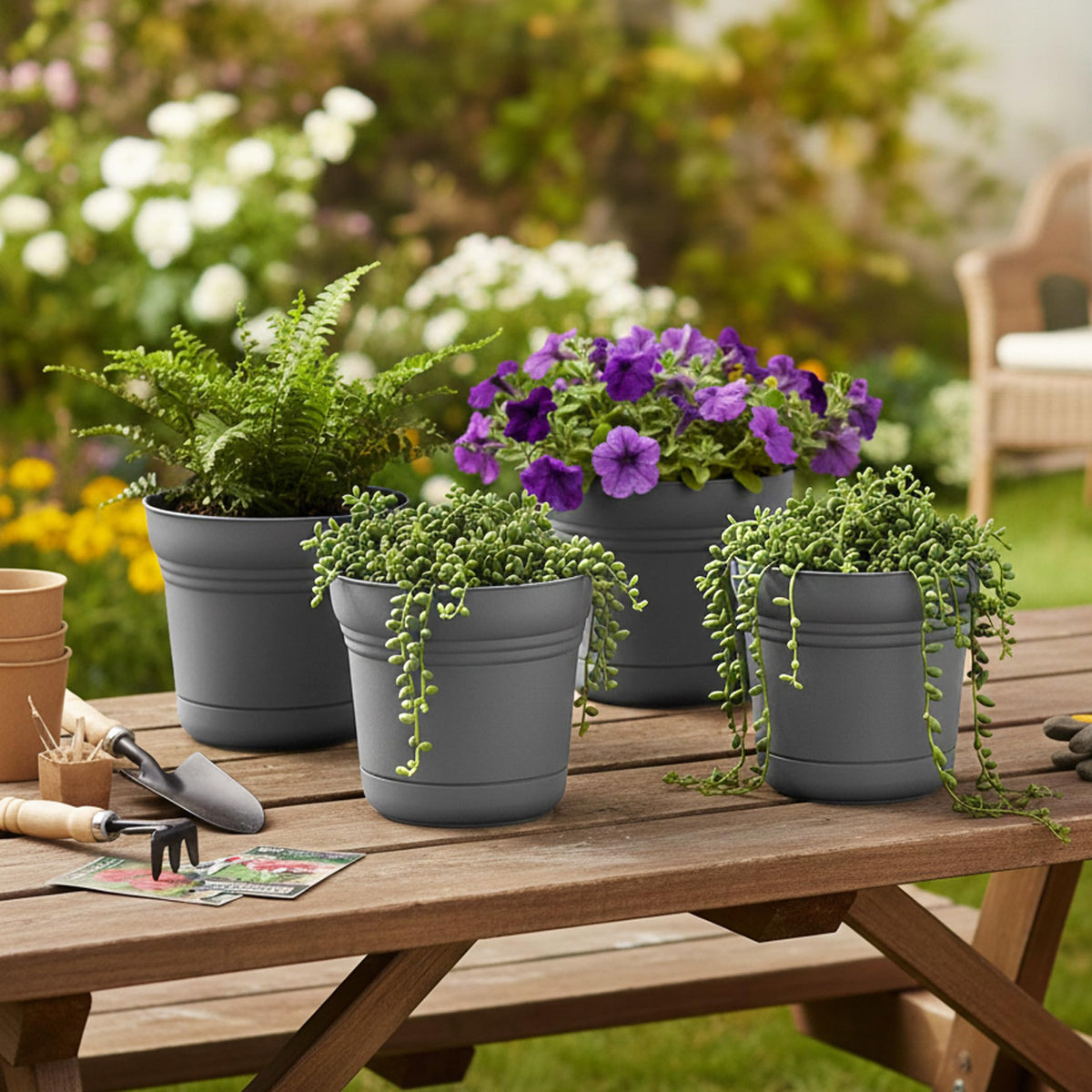Bloem Saturn 7" Charcoal Round Resin Planter Pot with Snap-in Saucer for Indoor and Outdoor Gardening, 4-Pack