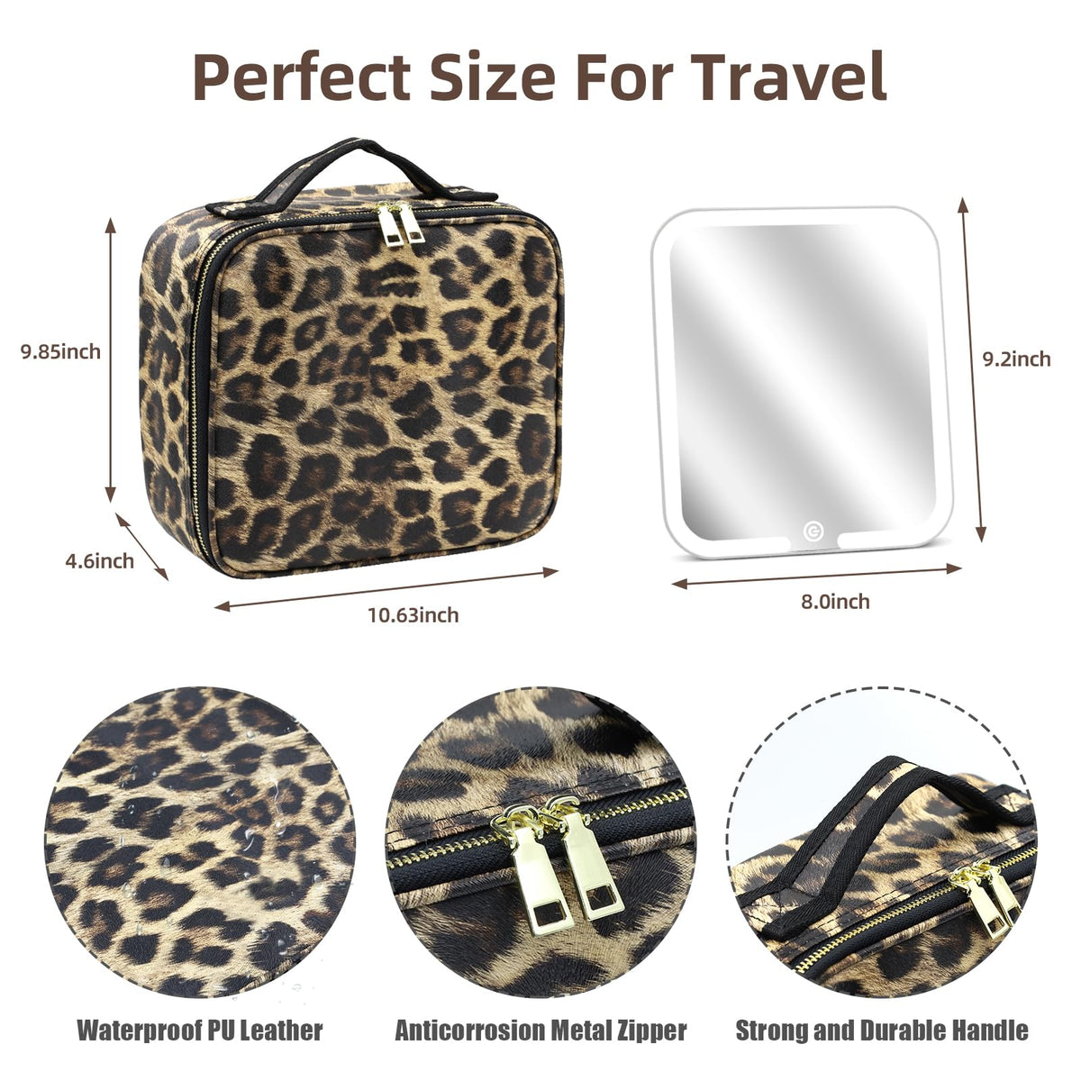 Makeup Bag with Magnetic Detachable Lighted Mirror, Travel Makeup Bag with Mirror 360° Angle, PU Leather Makeup Organizer Bag with Mirror and Lights, Portable Cosmetic Case Accessories Train Case Gift