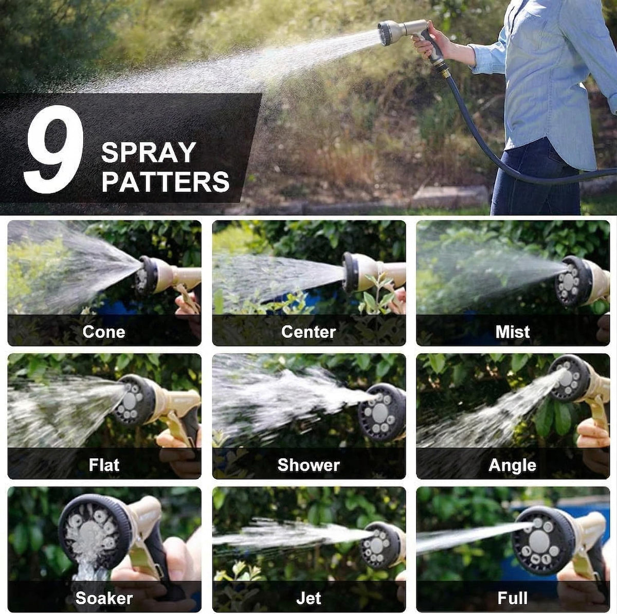 Garden Hose Nozzles 9 Adjustable Patterns Hose Spray Nozzle Heavy Duty Metal Hose Nozzle Spray Slip Resistant Water Sprayer for Cleaning/Watering Lawn Garden/Pets Shower/Car Washing (Gray)