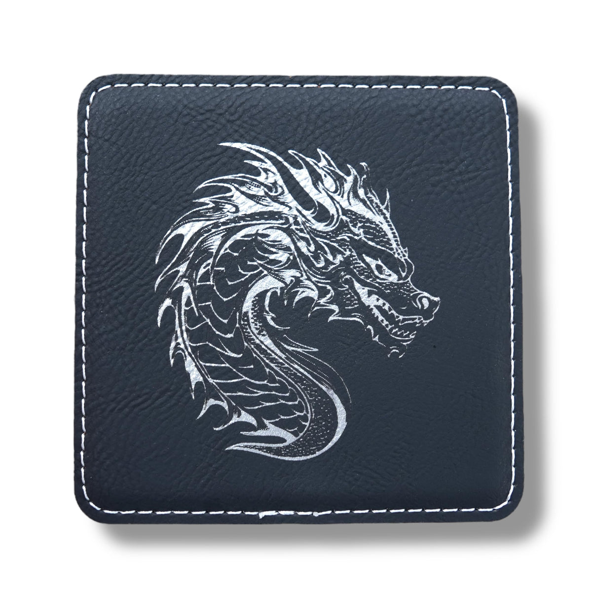 Coaster - Dragon - SET OF 2 - Leather or Stitched Cork (Black/Silver)