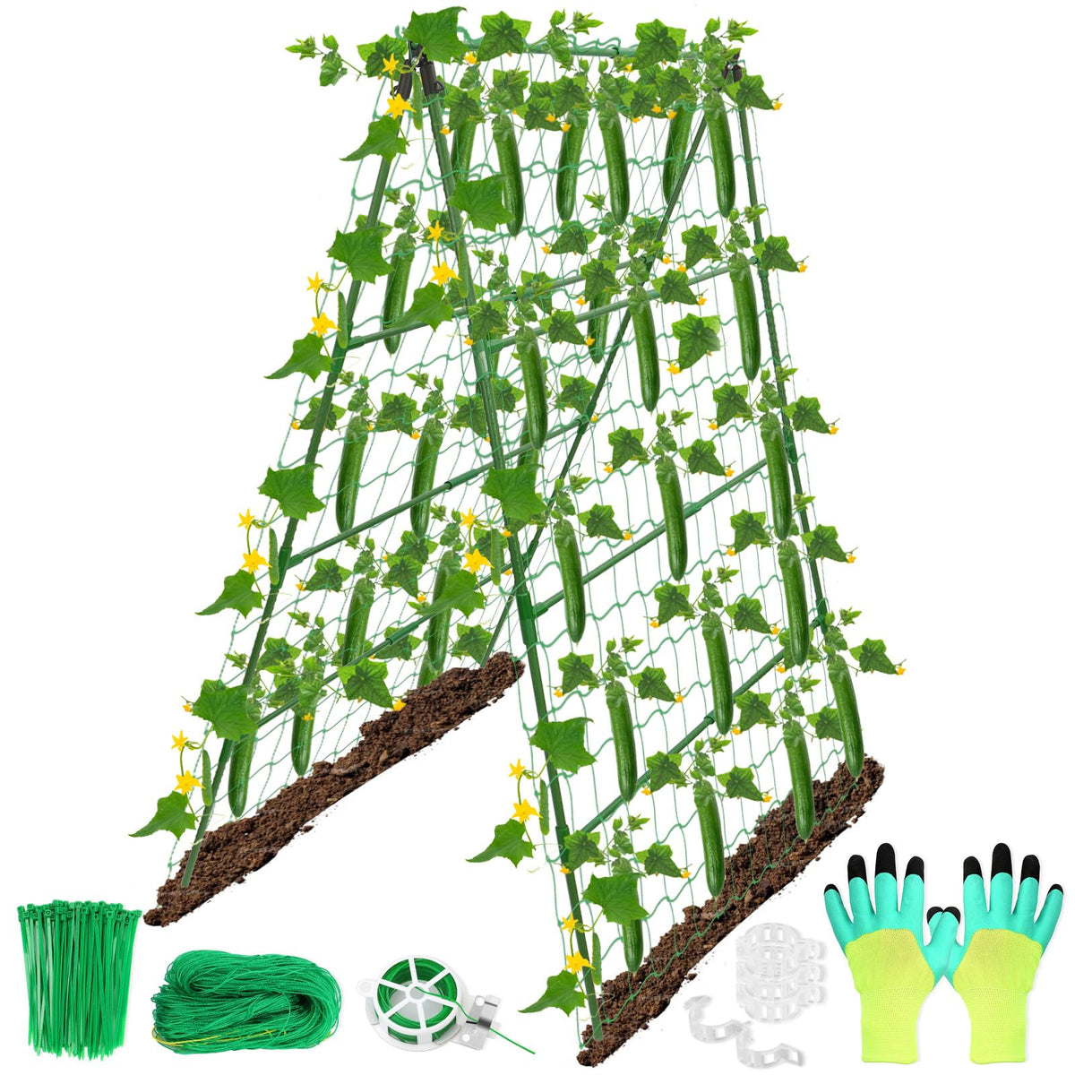 32 x 53 Inch Cucumber Trellis for Climbing Plants Outdoor A-Frame Garden Trellis for Raised Bed Detachable Sturdy Garden Plant Support Trellis for Small Plant Vegetable Flower Grape with Climbing Net