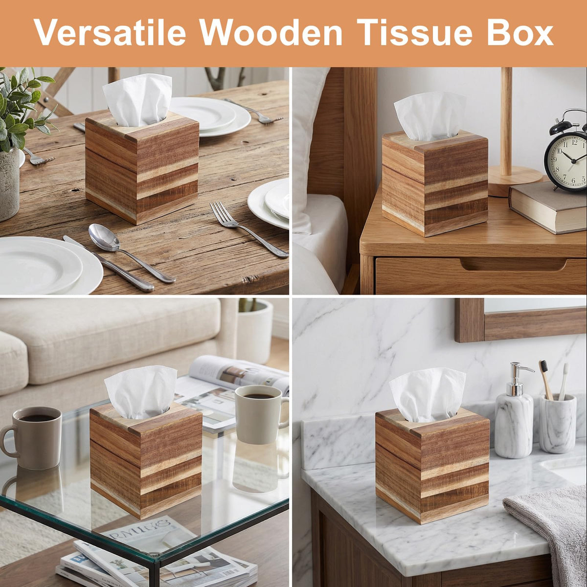 Giloaou 2-Pack Tissue Box Cover, Square Tissue Box Holder Wood Paper Holder for Bathroom Office Living Room, Modern Farmhouse Decor (5.5 x 5.5 x 6.1 inch)