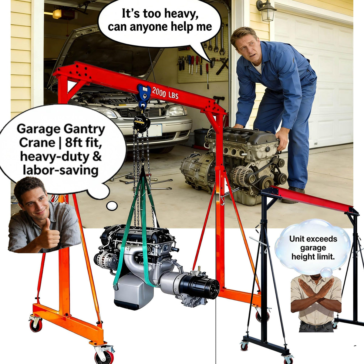 Adjustable Gantry Crane with Trolley and Hoist 2000 LBS, Overall Height Adjustable 7.65~10.91 FT, Shop Crane 1T Garage Crane with Rigging Kit with Rigging Kit
