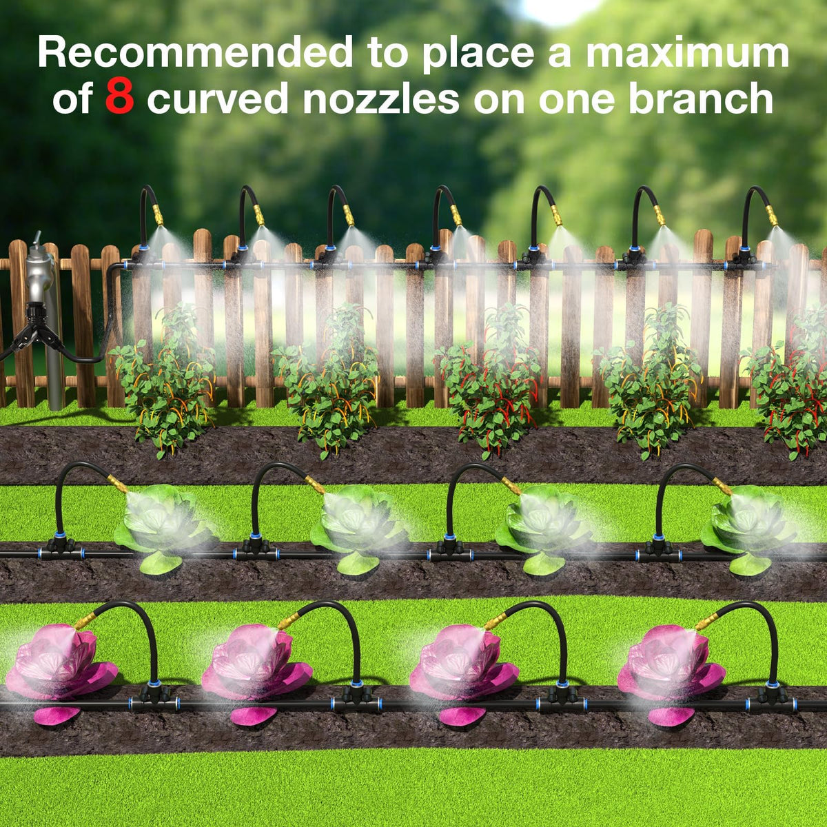 MIXC Drip Irrigation System with Timer,1/4" 100Ft Automatic Garden Watering Kit with 16pcs 360°Adjustable Brass Nozzles & Bendable Rod,for Outdoor Plants,Lawn,Raised Bed,Potted Plant,Yard,Greenhouse