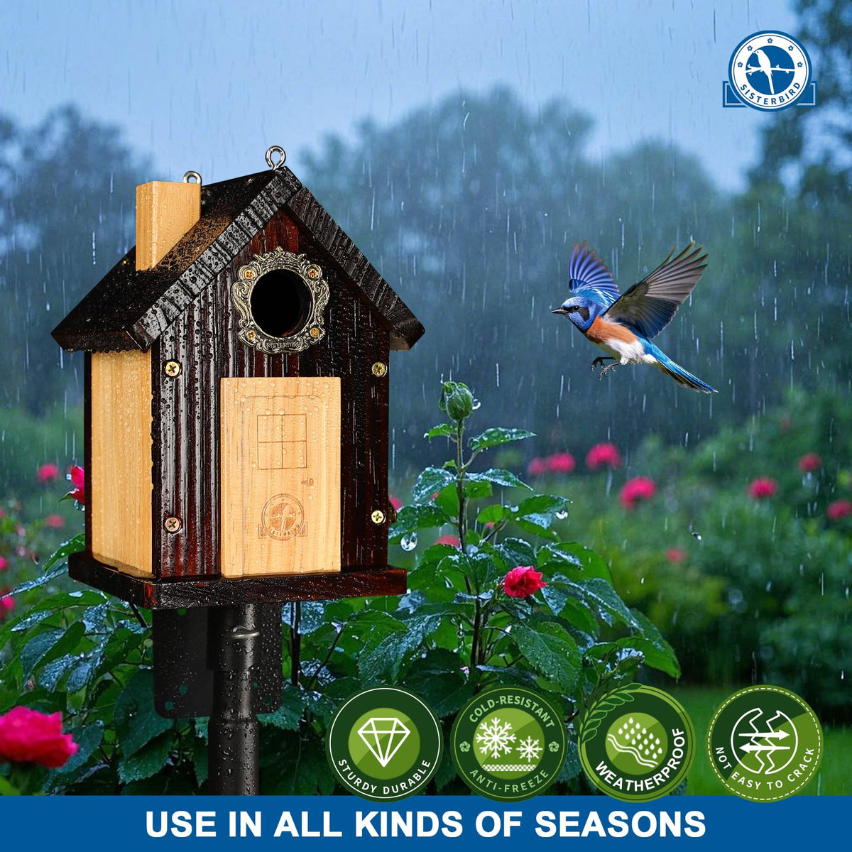 SISTERBIRD Pack of 2 Premium Bluebird Houses for Outside, All Seaons Bird Houses for Outside, Wooden Cabin Birdhouses for Outdoors, Weatherproof Courtyard Decorated Hanging Bird House