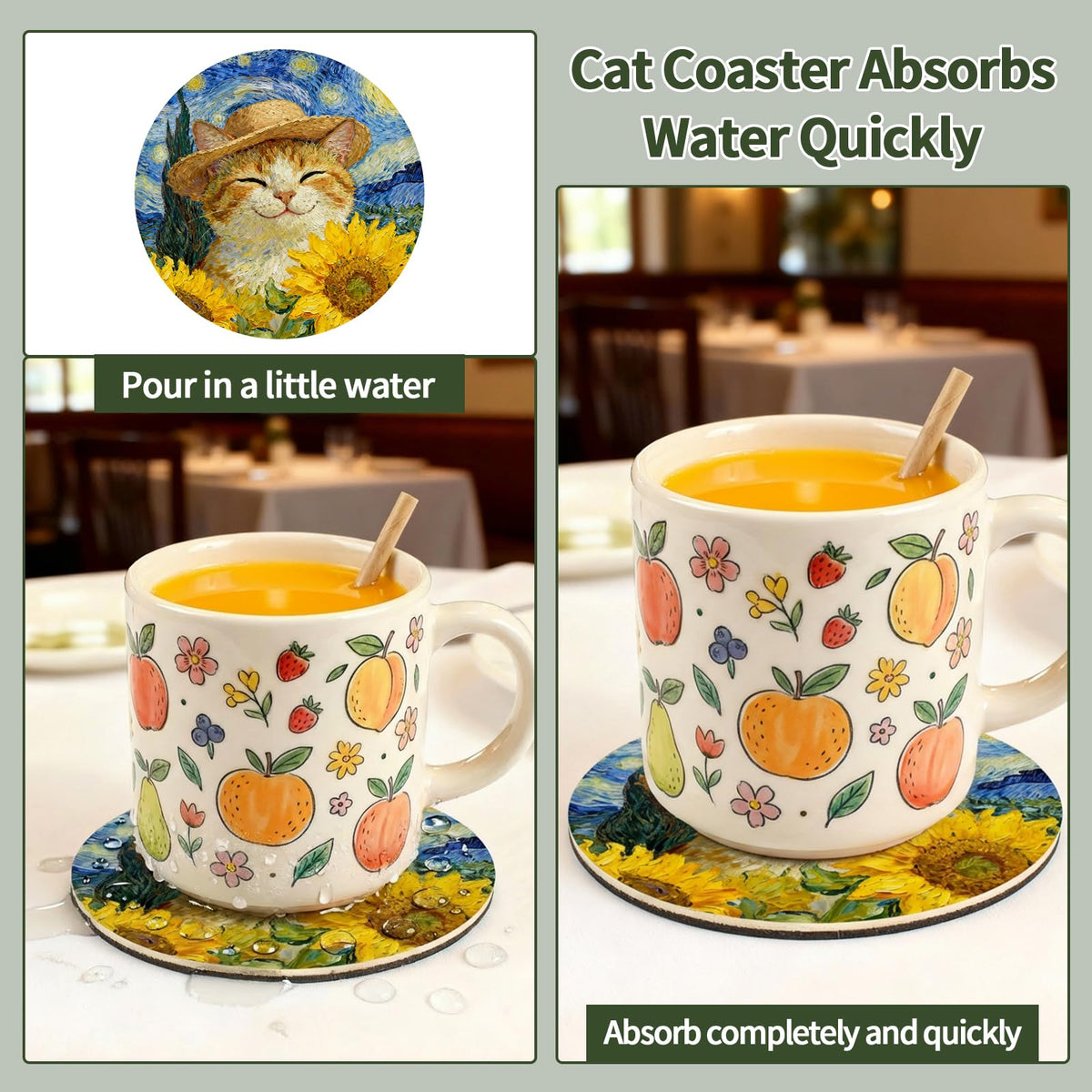 TBWHL Funny Coasters Set of 6, Fun Cat Drink Coasters, Absorbent Drink Anime Cat Coasters, Non Slip Cute Coasters for Desk, Coffee Table, Dining Room Decor