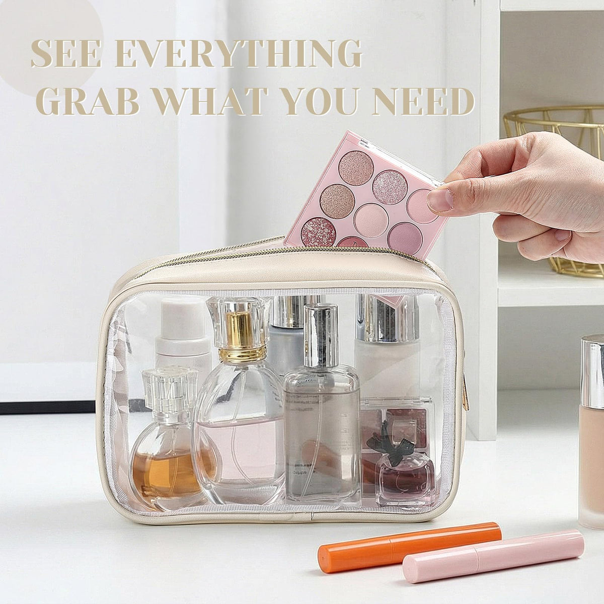 Abbylike 10 Pcs Clear Makeup Bags Bulk PU Leather Portable Travel Cosmetic Case Small Toiletry Bag with Zipper Car Console Organizer Waterproof Pouch for Women Birthday Gifts (Light Beige)