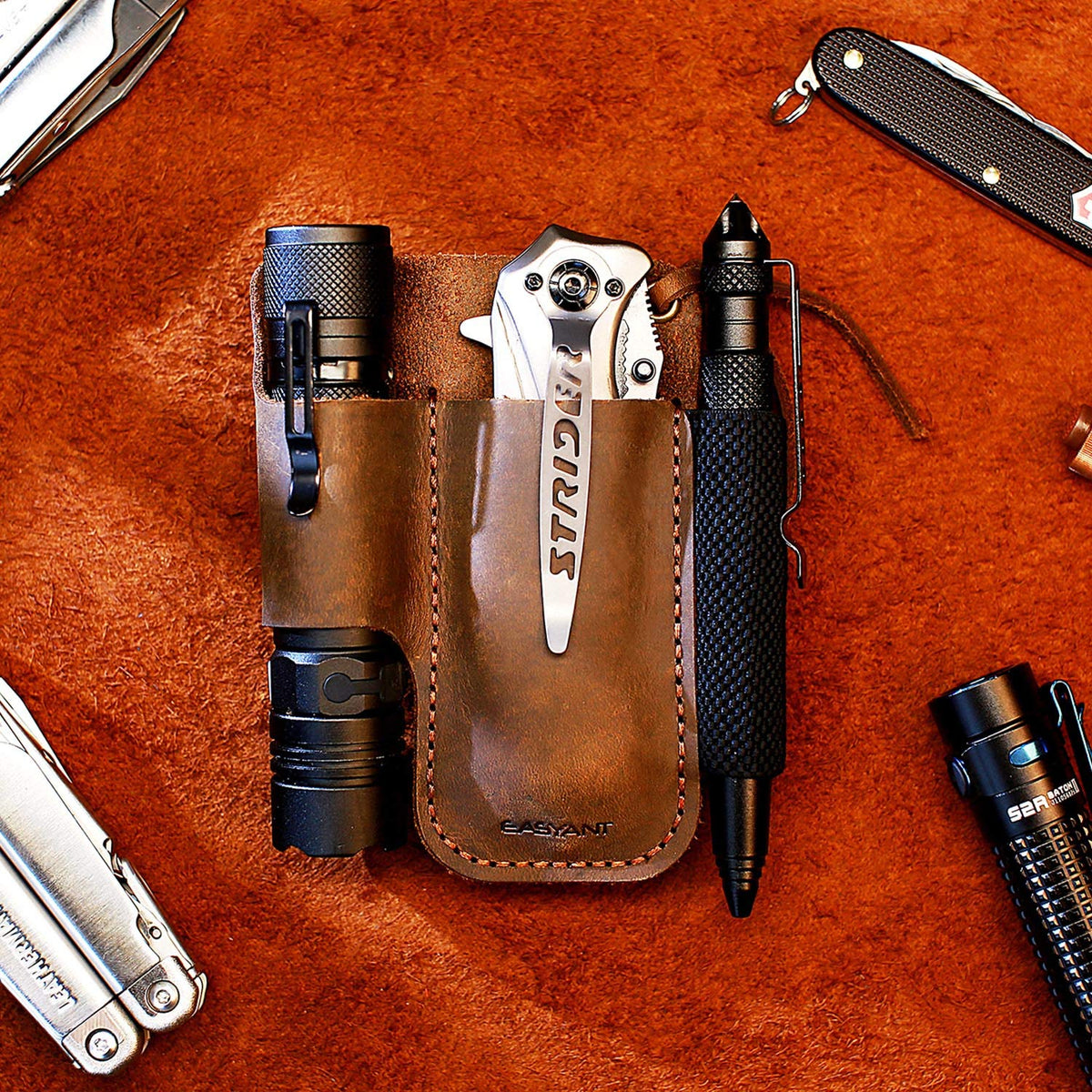 EASYANT Men Leather EDC Organizer Sheath Handmade Tactical Tool Pouch Holster with Belt Clip Brown