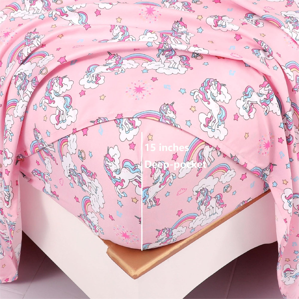 Softan Kids Bed Sheet Set, 4-Piece Full Size Sheets, Microfiber Fitted Sheet with 15 Inches Deep Pocket and Corner Straps, Breathable & Silky Soft Pink Unicorn Pattern Sheet and Pillowcase Sets