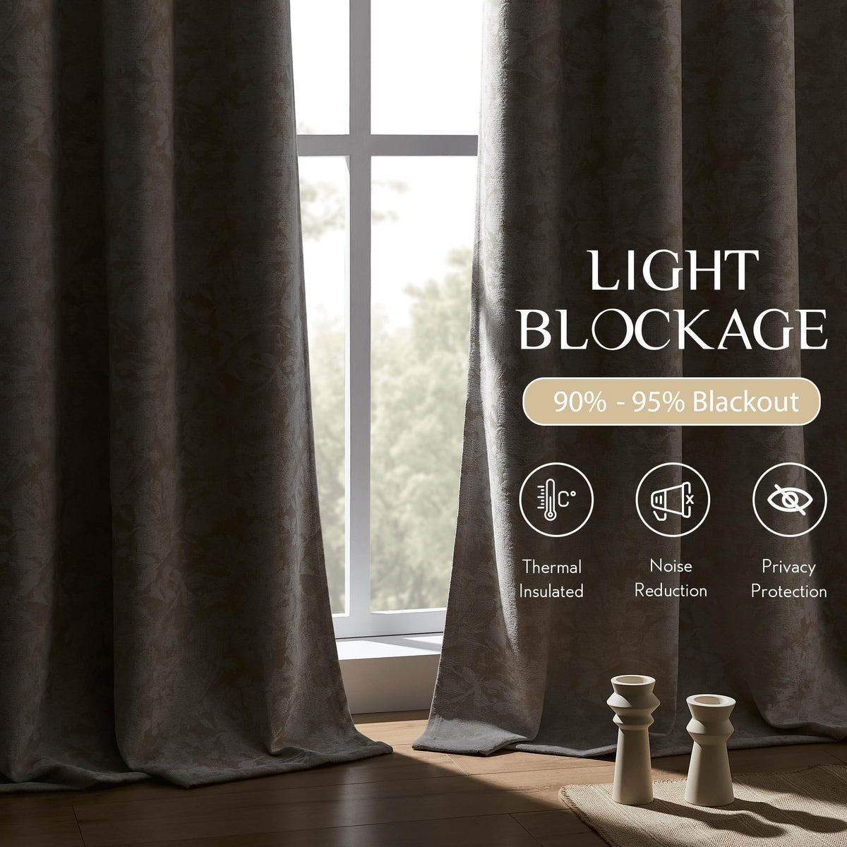 Beauoop Beige Floral Jacquard Blackout Curtains 84 Inches Long 2 Panels for Bedroom Living Room Flower Chenille Room Darkening Thermal Insulated Soundproof Grommet Window Treatments Drapes 52x84x2