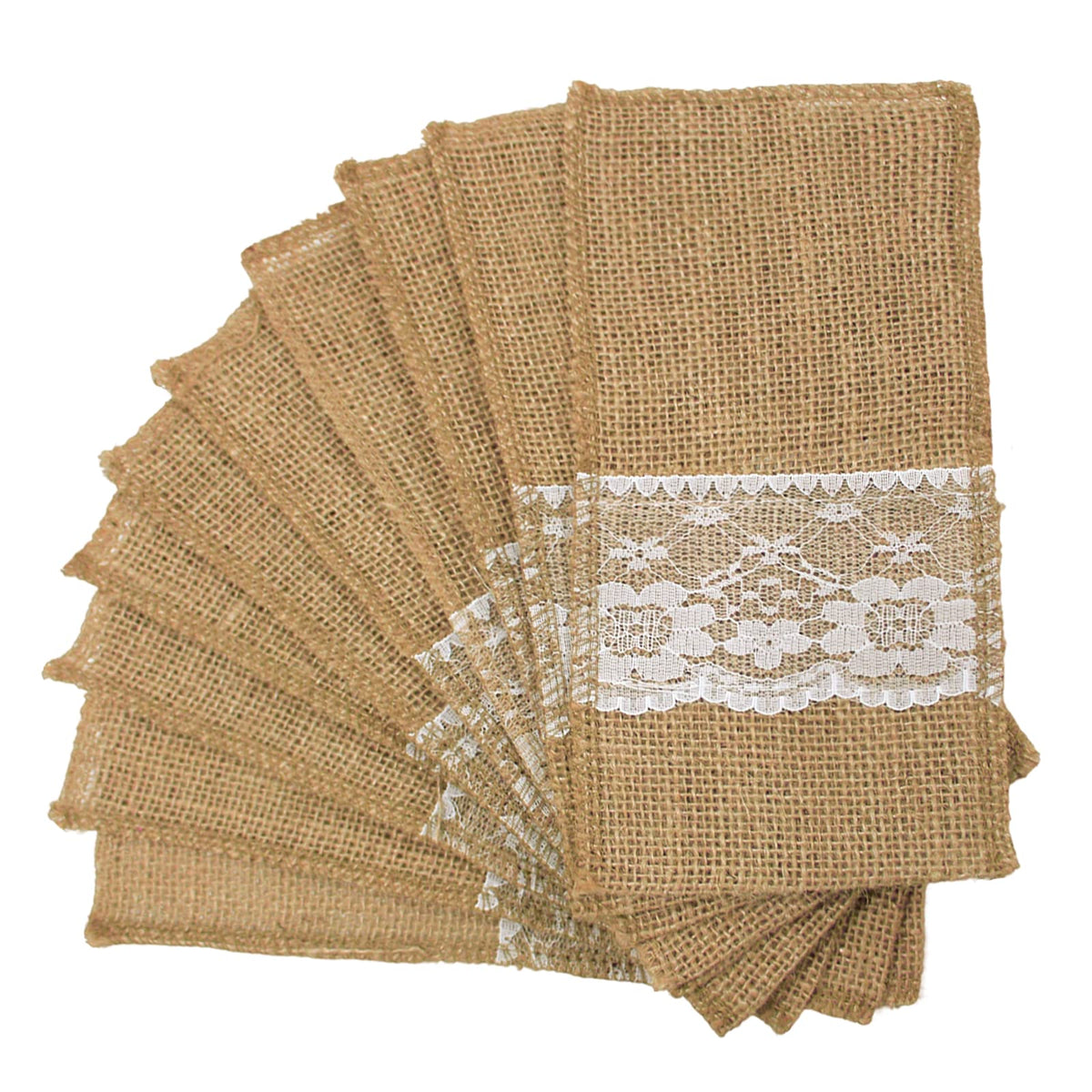 FQTANJU 50 PCS 4"x8" Burlap Lace Utensil Cutlery Holders Pouch Silverware Holder Knifes Forks Bags Burlap Napkin Bag for Rustic Wedding Party Decorations favors