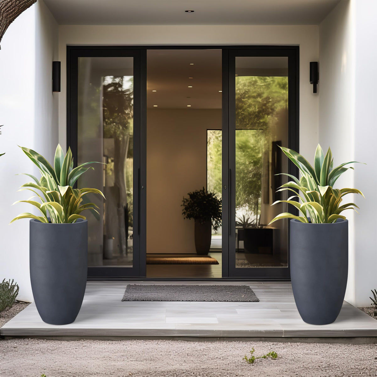 Kante 24 Inch Tall Concrete Planter, Outdoor Indoor Large Plant Pots with Drainage Hole and Rubber Plug for Home Garden Patio Porch Smooth Charcoal