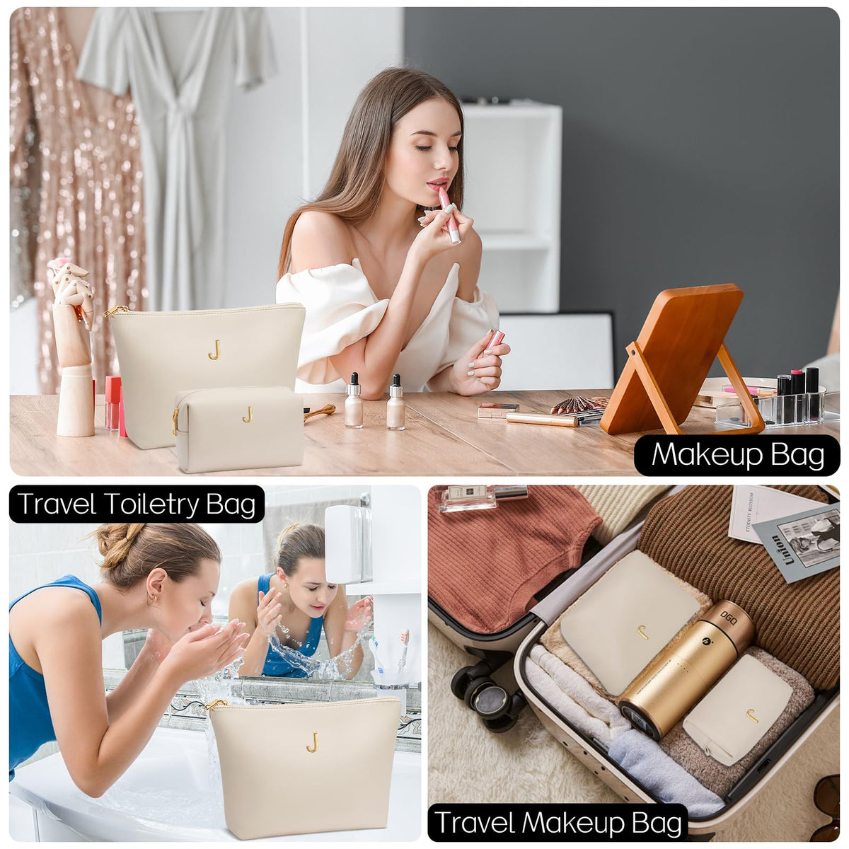 CLOUDWINGS Graduation Gifts | Initial Makeup Bag for Women Personalized Gifts for Bridesmaid Teachers Friend Female College Cosmetic Travel Toiletry Bag(Beige,J)