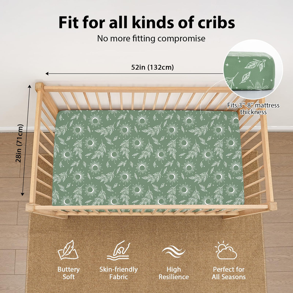 FIEMOL Baby Crib Sheets for Boys and Girls, 3 Pack Fitted Toddler Bed Sheets Neutral for 52”x28” Standard Crib and Toddler Mattresses, Super Soft Microfiber Green Starry Sky